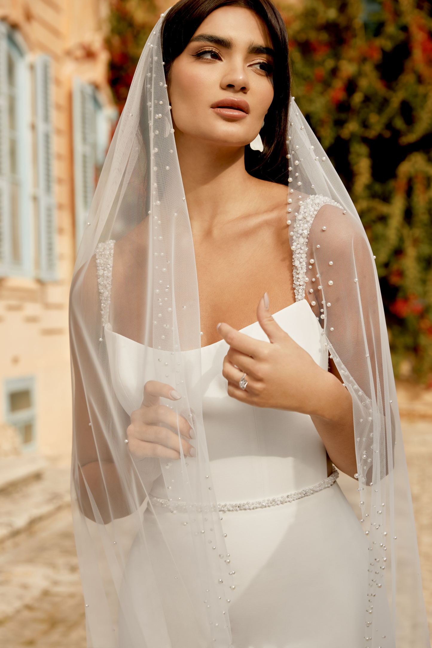 Crepe Fit and Flare Gown with Beaded Straps and Sheer Back with Boning#44476