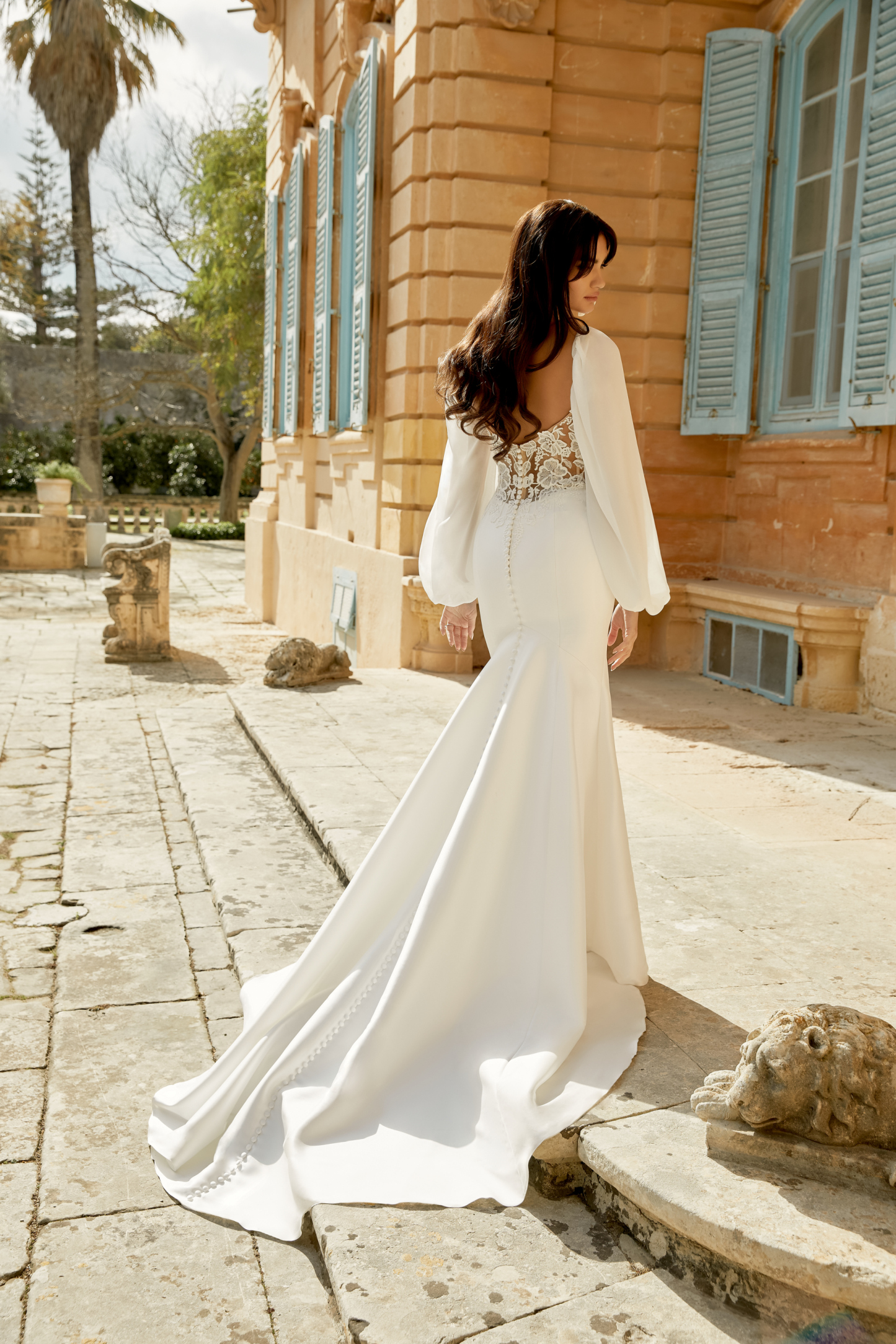 Stretch Mikado Fit and Flare Gown with Scoop Neck and Blouson Sleeves#44494
