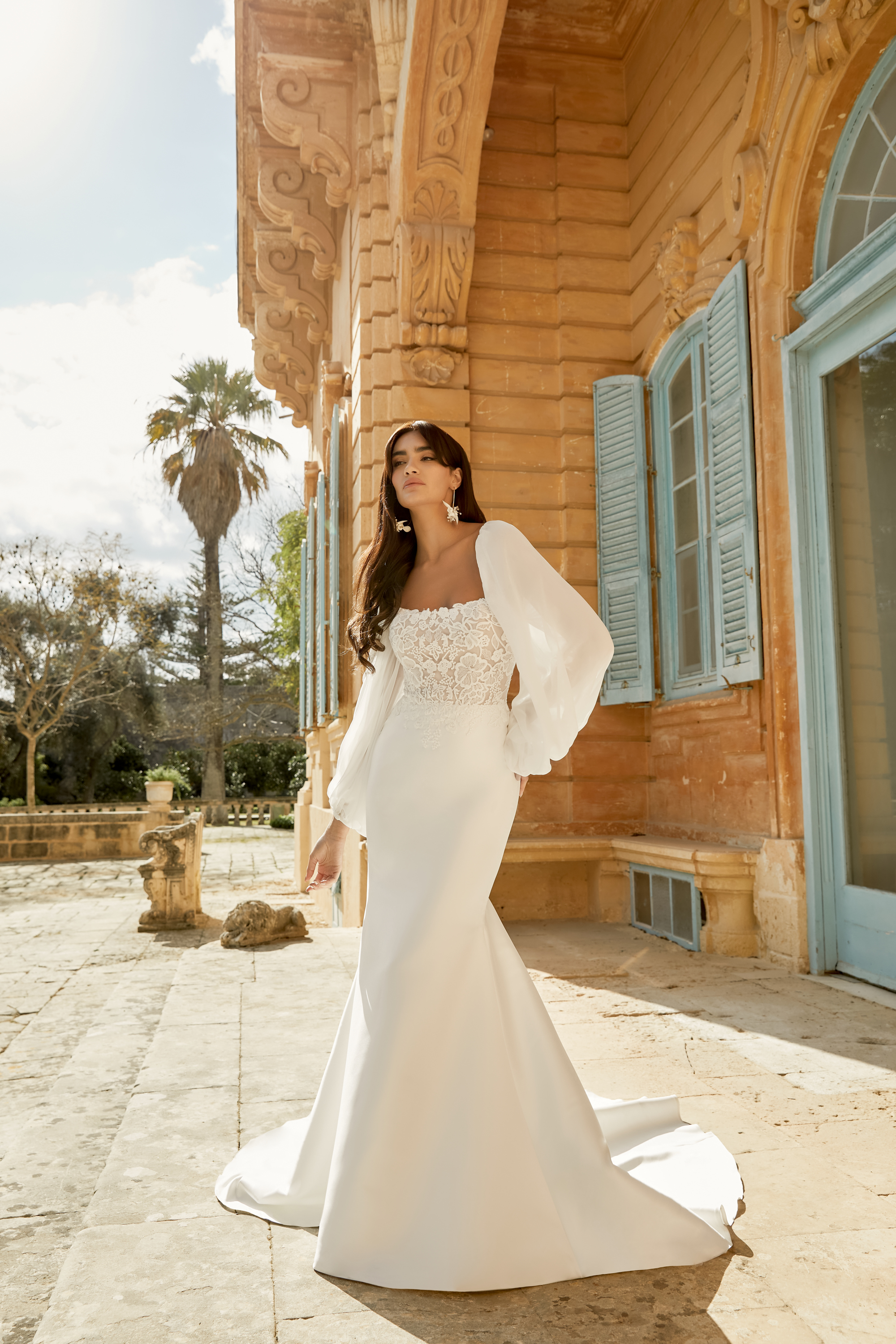 Stretch Mikado Fit and Flare Gown with Scoop Neck and Blouson Sleeves#44494
