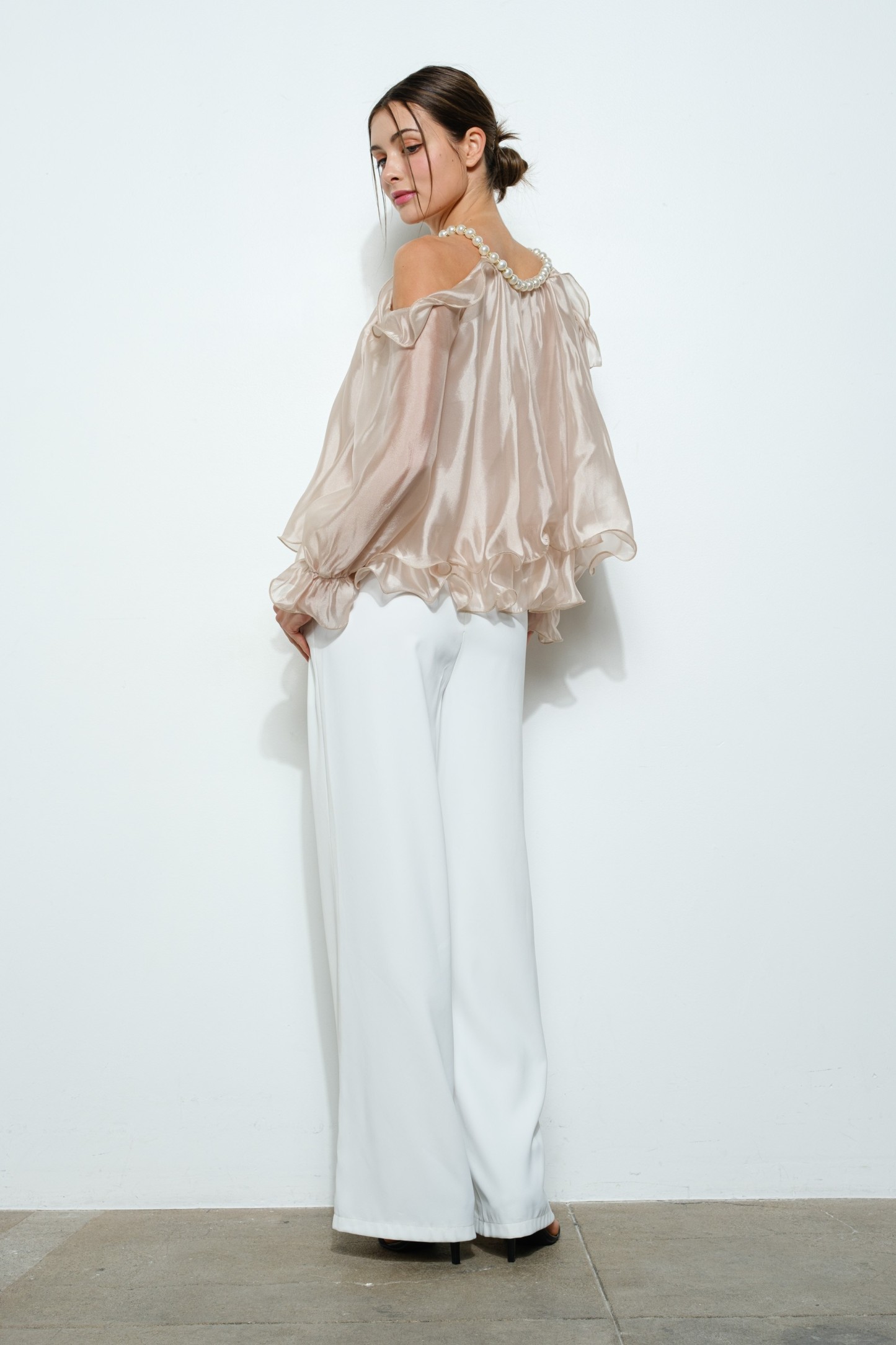 Off-shoulder Pearl Accent Organza Ruffle Blouse #23509052