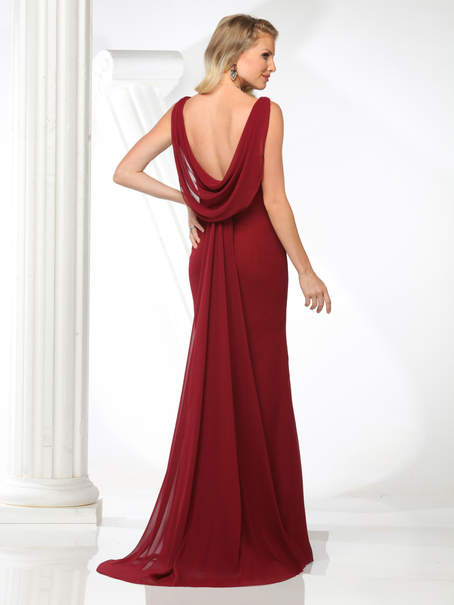 Fit And Flare V-Neck Chiffon Low Draped Scoop Back Bridesmaid Dress  #60280