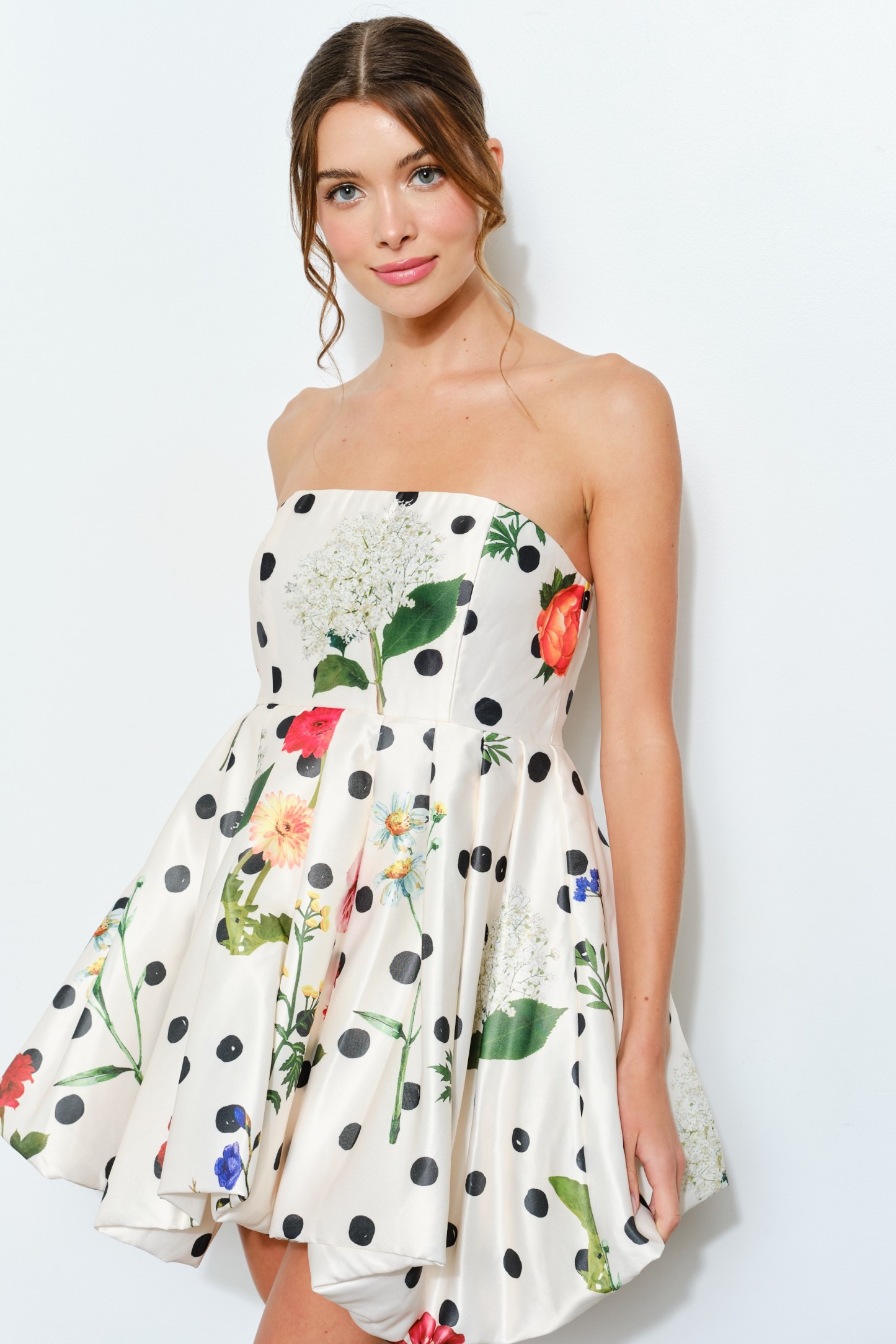 Bubble Hem Floral Dot Print Strapless Mini Dress #23668237