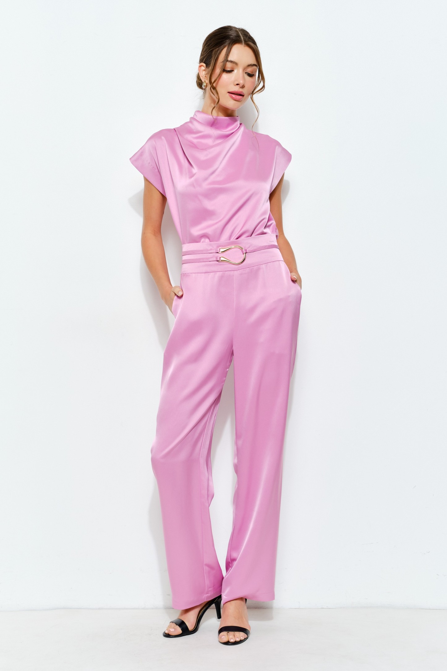 Satin Draped High-neck Cap-sleeve Top #23691171