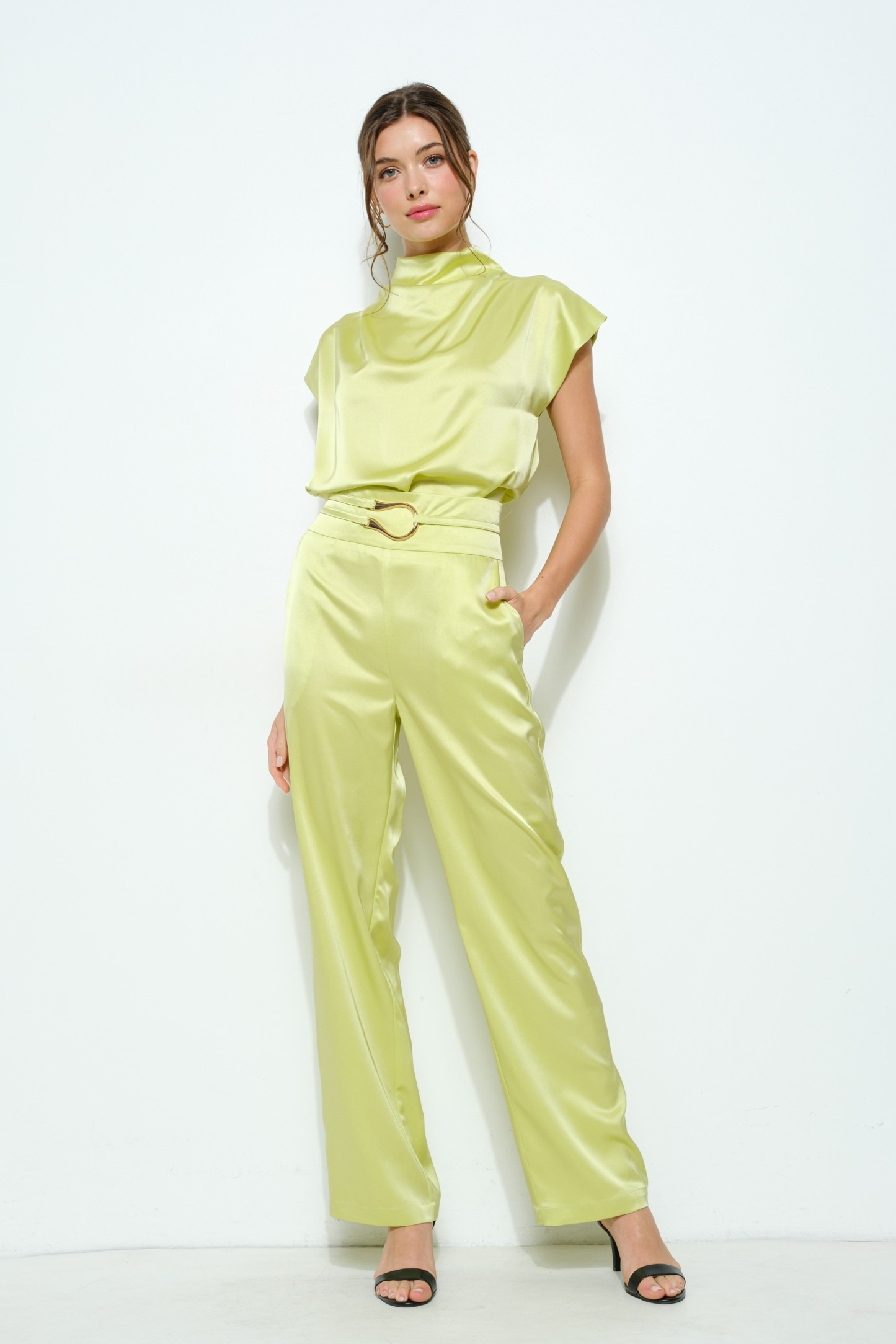 Satin Draped High-neck Cap-sleeve Top #23691171