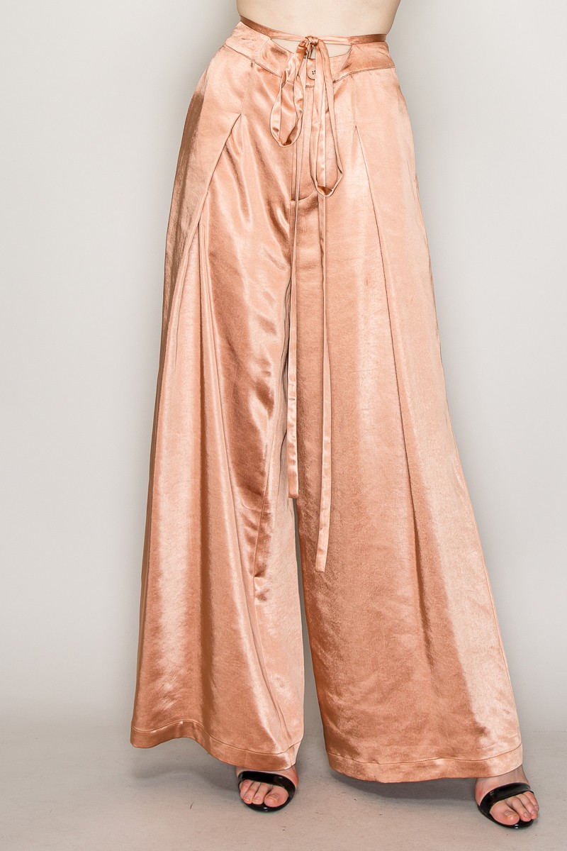 Satin High Waist Front Pintuck Wide Pants #23550954