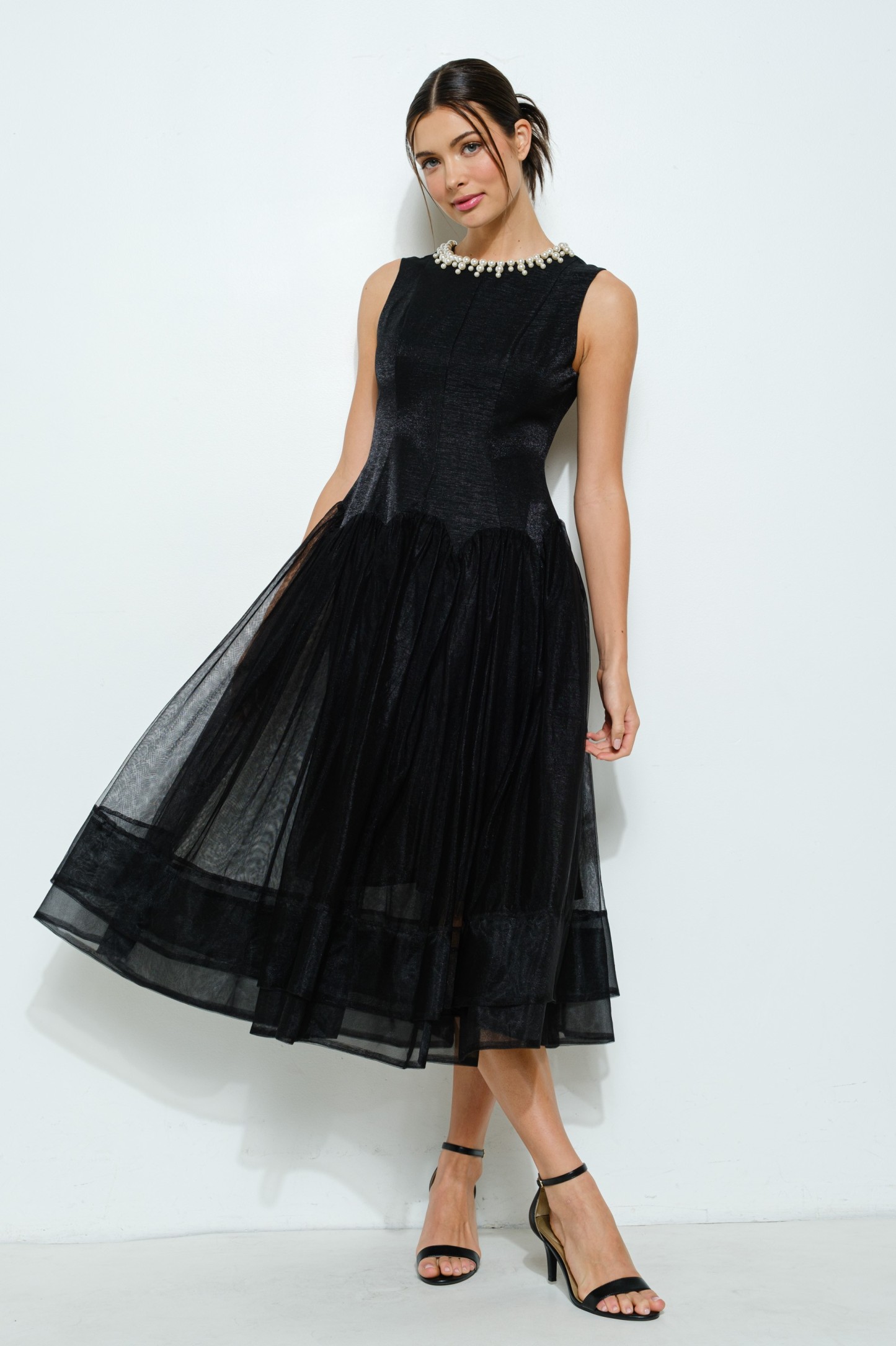 Pearl Embellished Sheer Tulle Midi Dress #23583486