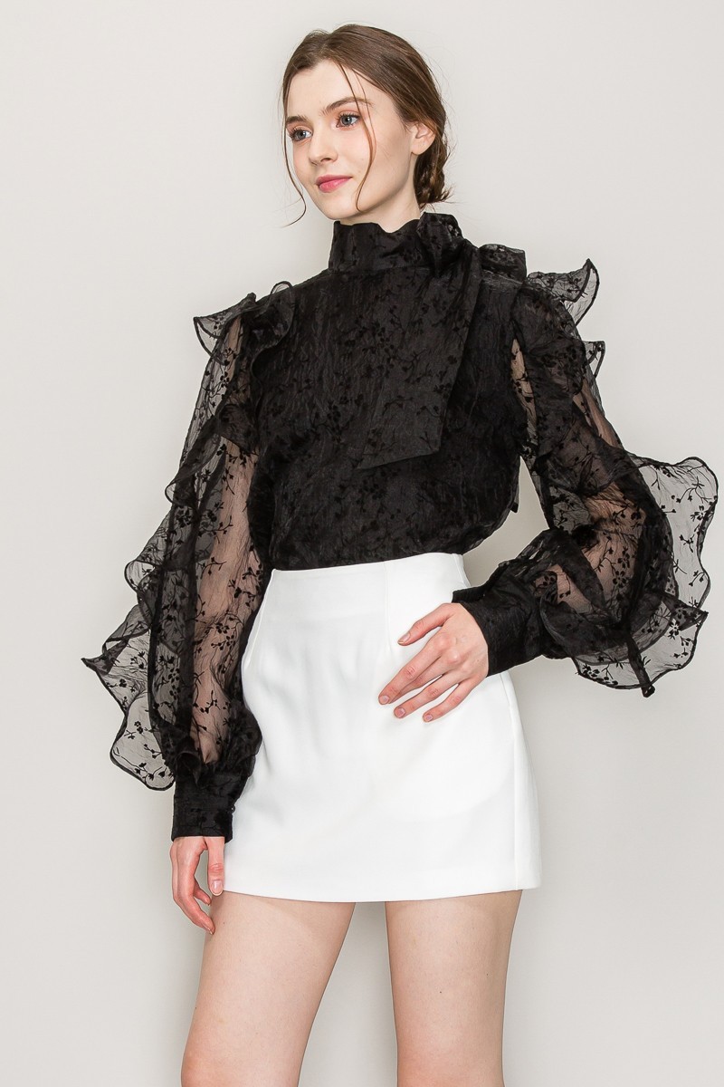High Neck Long Sleeve Floral Print Frilled Blouse #22436221