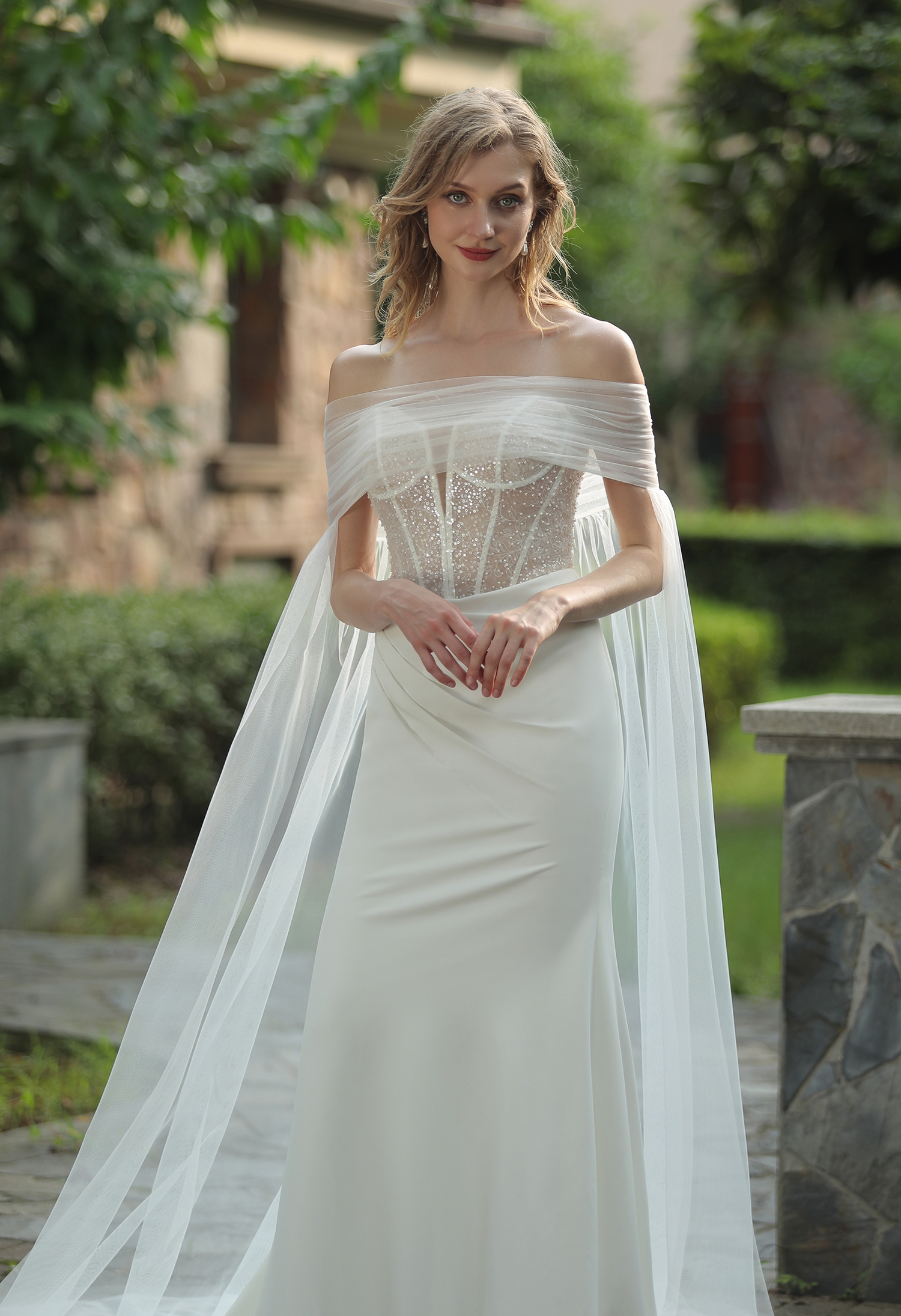 Plunging V-neck Beaded Crepe Fit And Flare Wedding Dress  HW3074