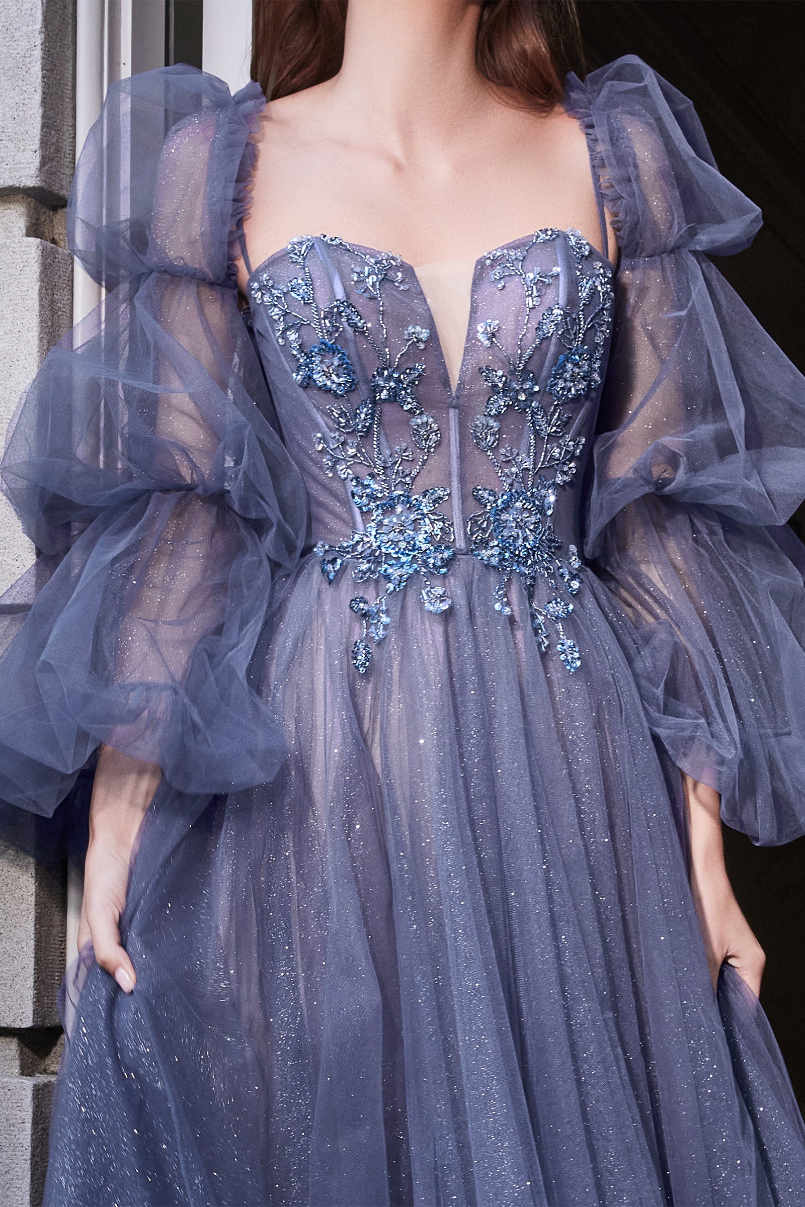 A-line Layered Glitter Tulle Smoky Blue Ball Gown #B709