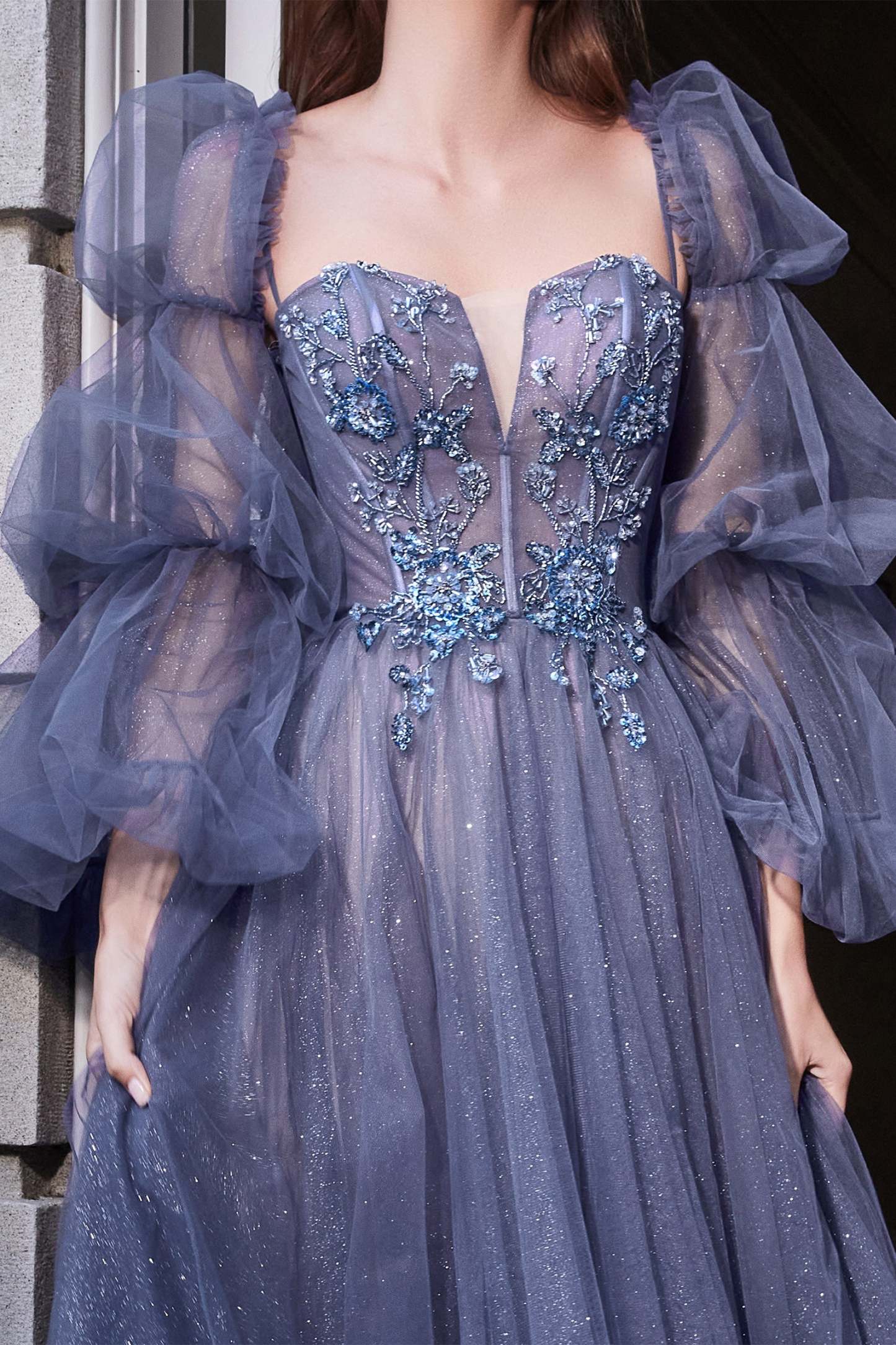 A-line Layered Glitter Tulle Smoky Blue Ball Gown #B709