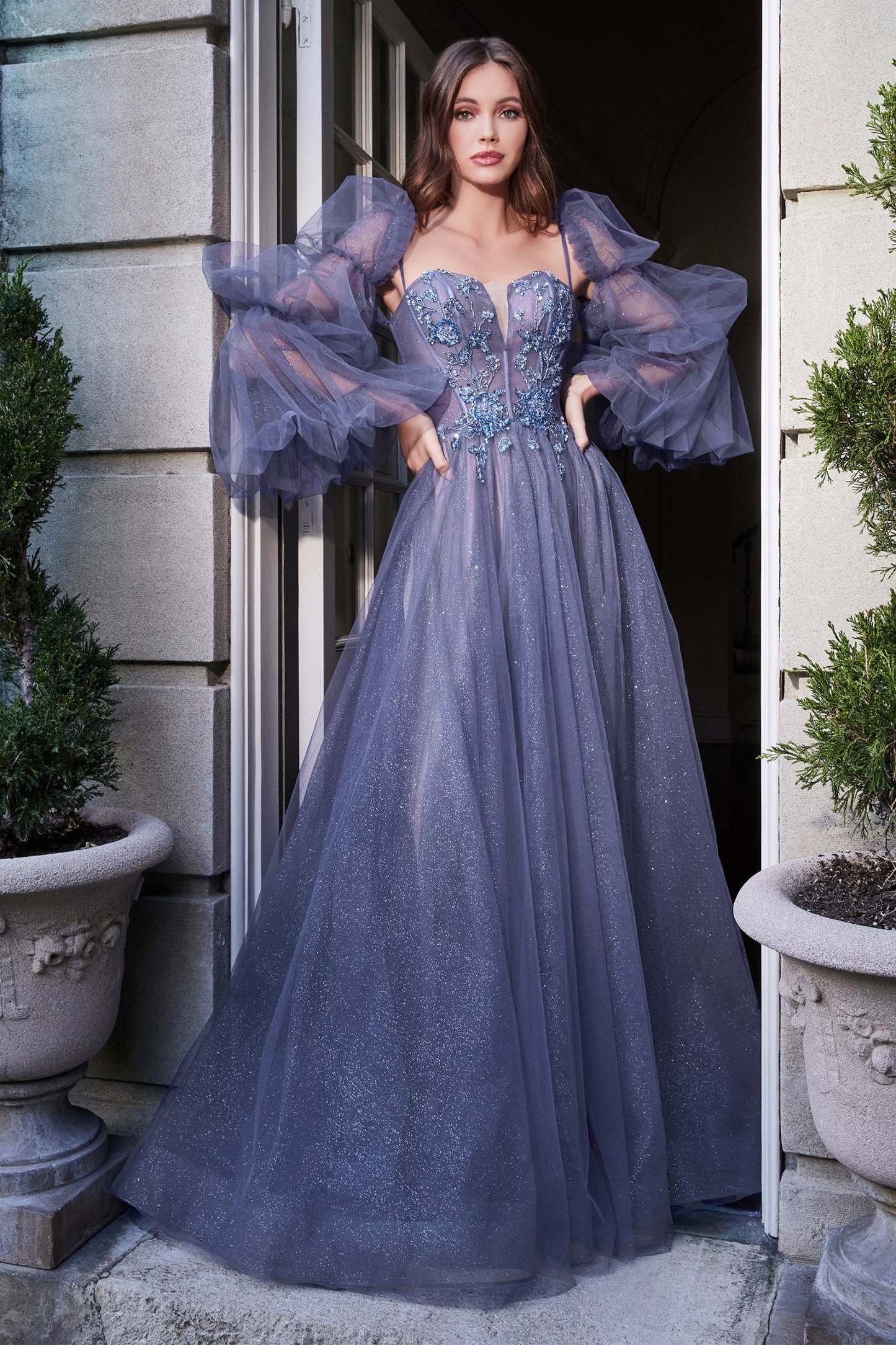 A-line Layered Glitter Tulle Smoky Blue Ball Gown #B709