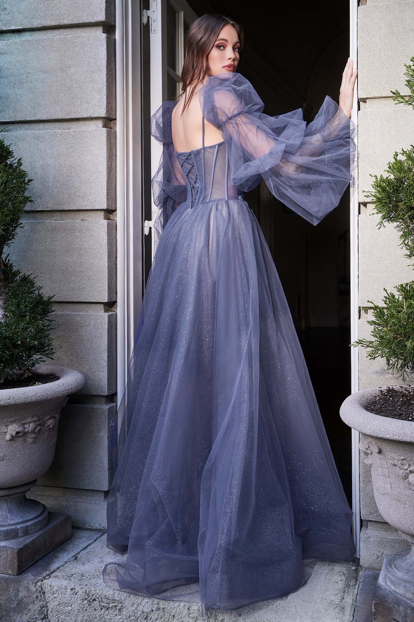 A-line Layered Glitter Tulle Smoky Blue Ball Gown #B709