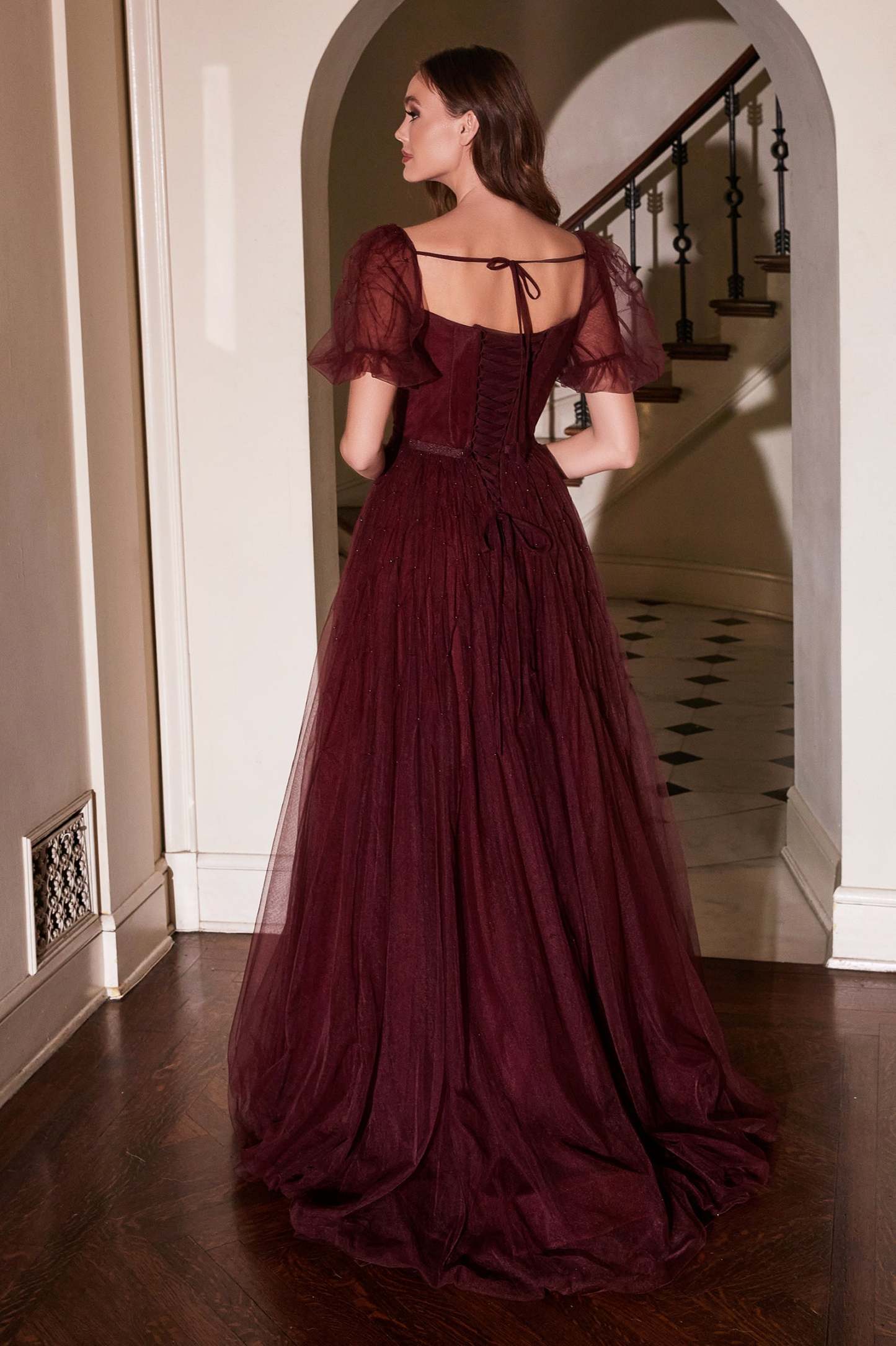 Maroon Tulle Puff Sleeve Ball Gown #B712