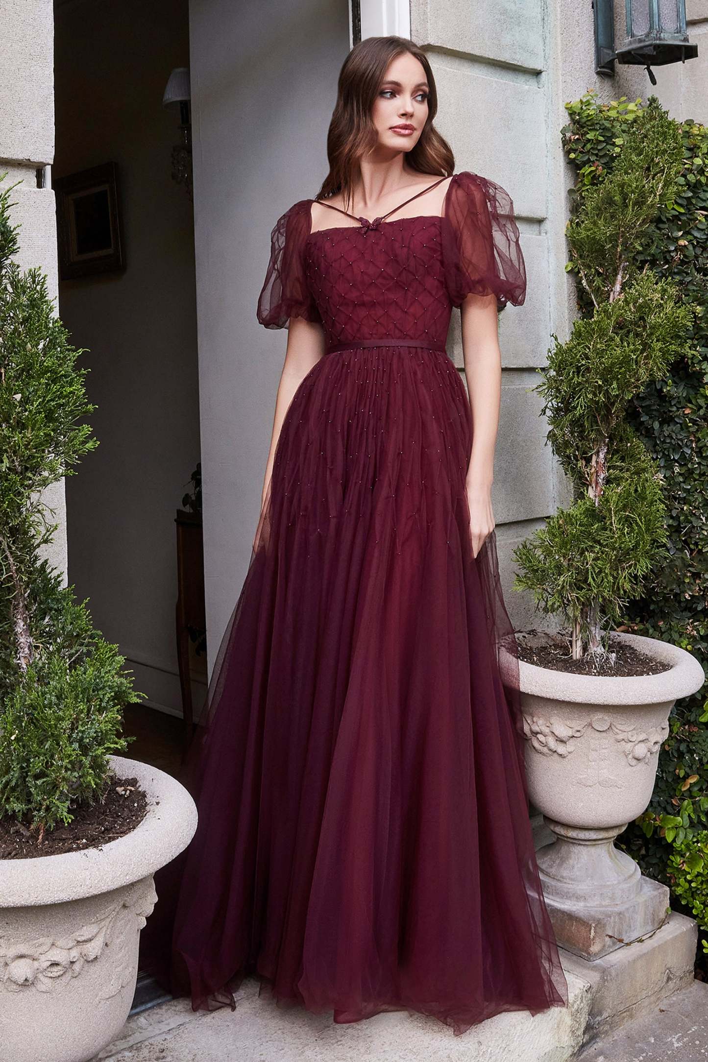 Maroon Tulle Puff Sleeve Ball Gown #B712