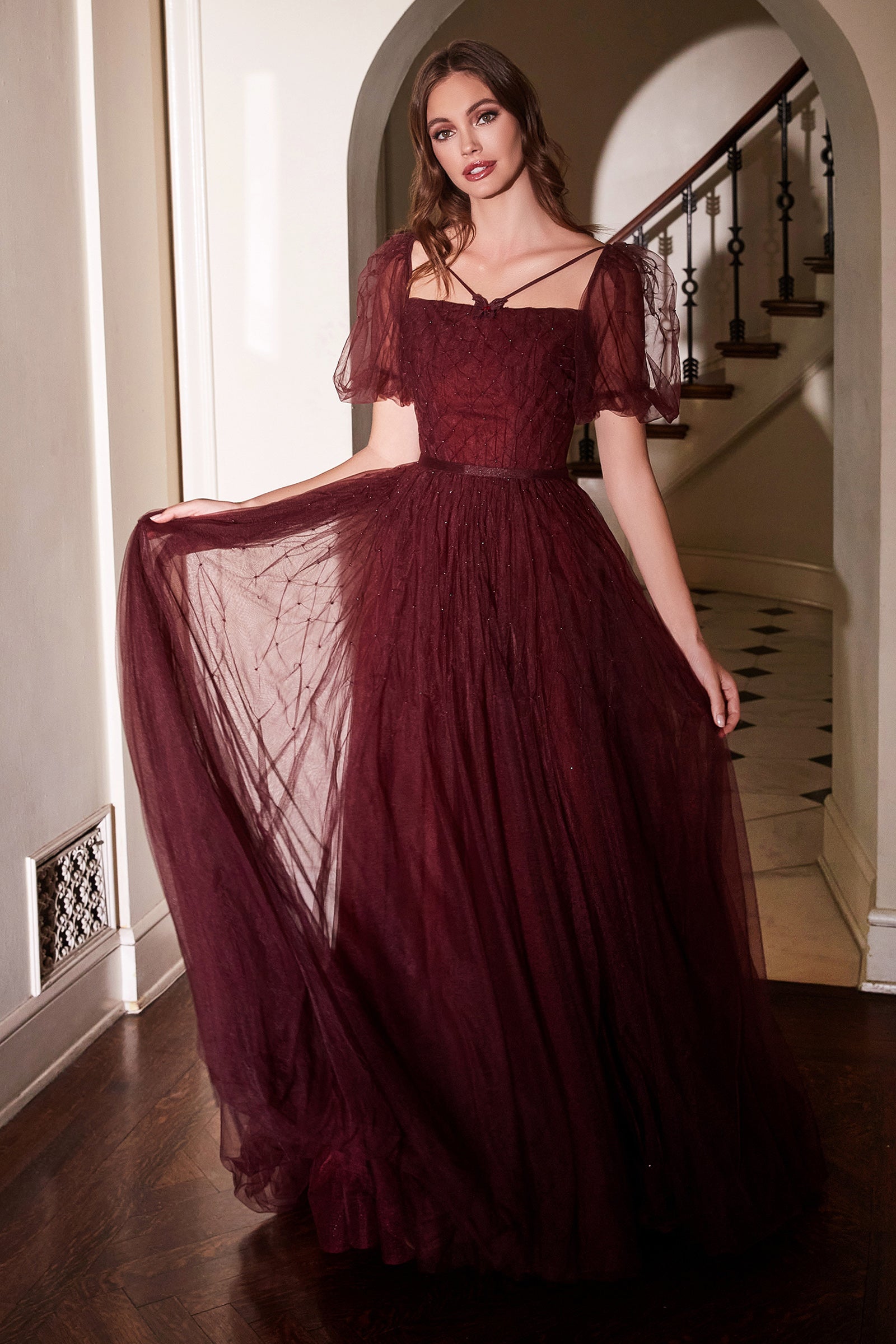 Maroon Tulle Puff Sleeve Ball Gown #B712