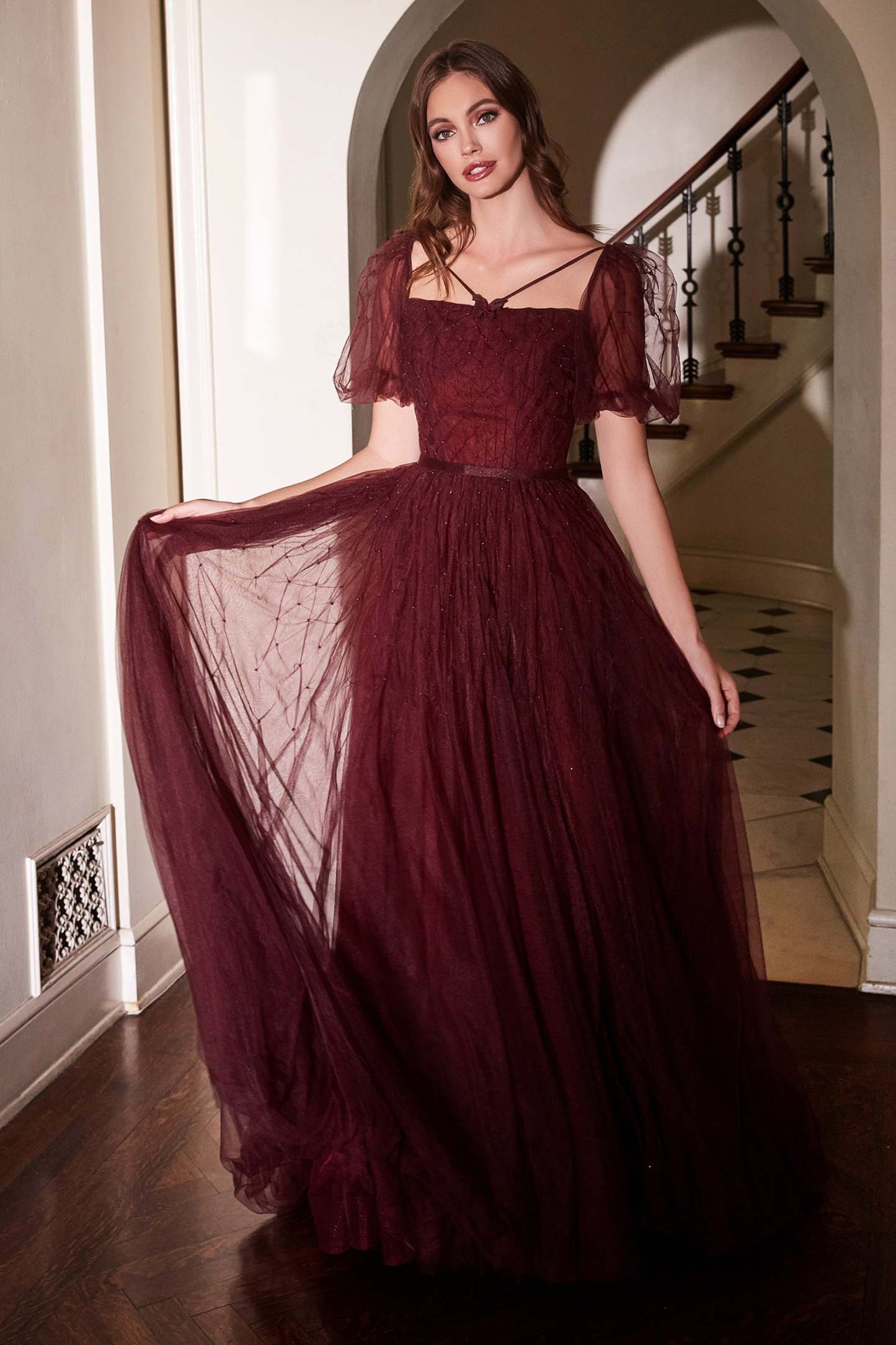 Maroon Tulle Puff Sleeve Ball Gown #B712