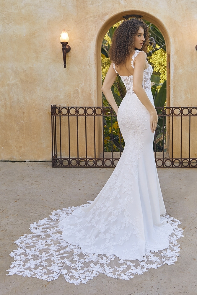 Fit-and-flare gown is adorned with 3D floral BL451 Odette