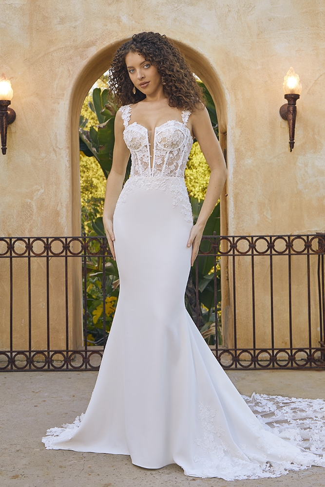 Fit-and-flare gown is adorned with 3D floral BL451 Odette