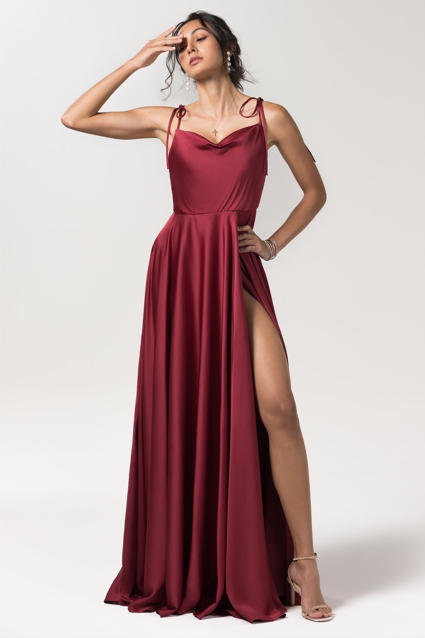 A-Line Sweep-Brush Train Luxe Satin Bridesmaid Dress Formal Dresses CB0620