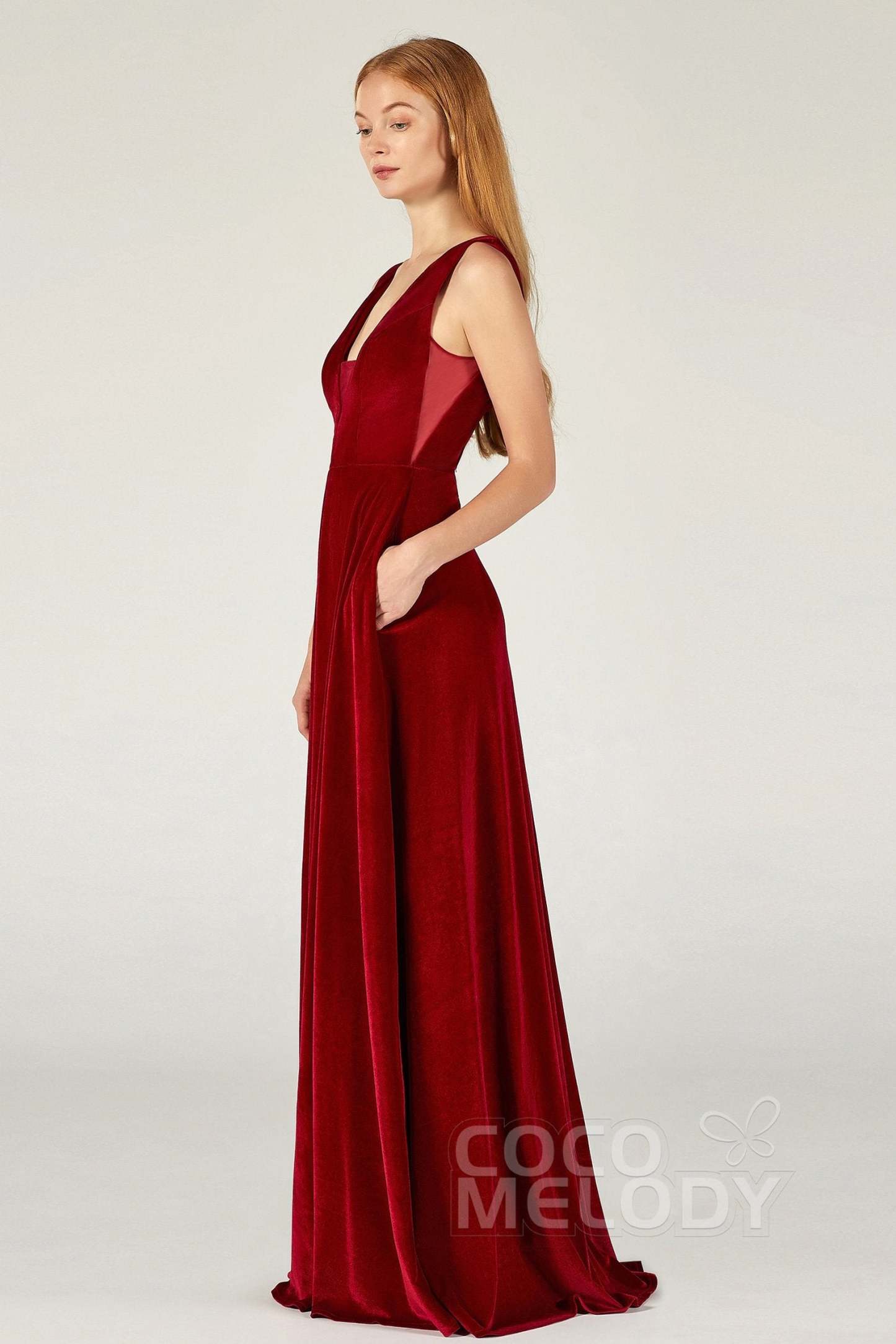 A-Line Floor Length Velvet Bridesmaid Dress CB0364