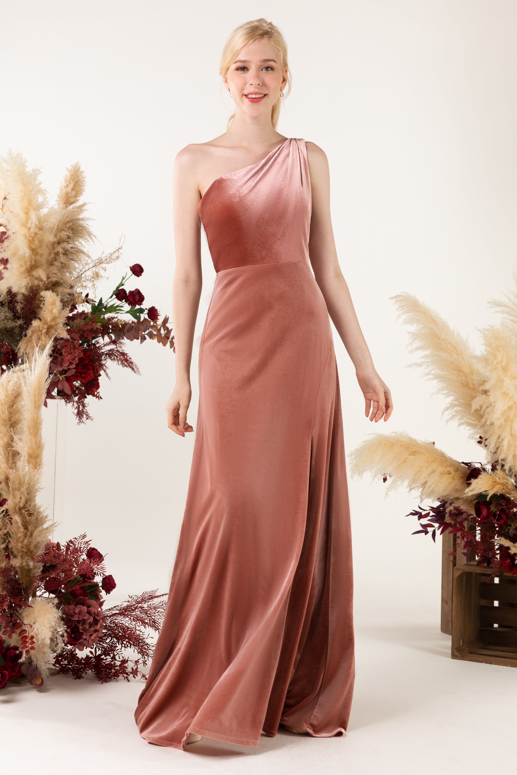 Sheath Sweep-Brush Train Velvet Bridesmaid Dress Formal Dresses CB0537