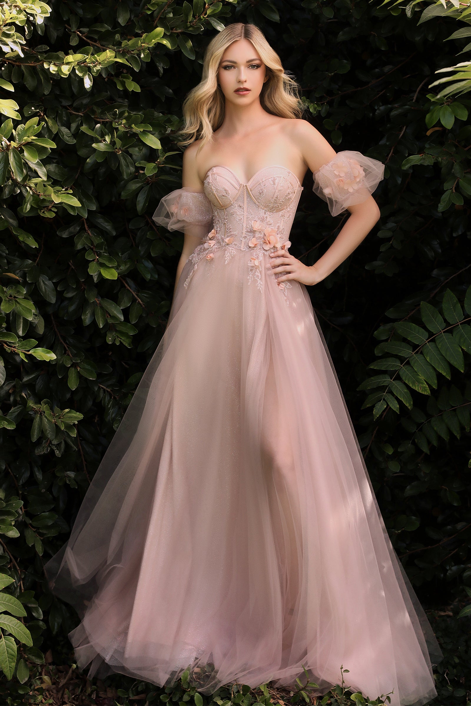 A-Line Strapless Floral Appliques Tulle Ball Gown #CB080