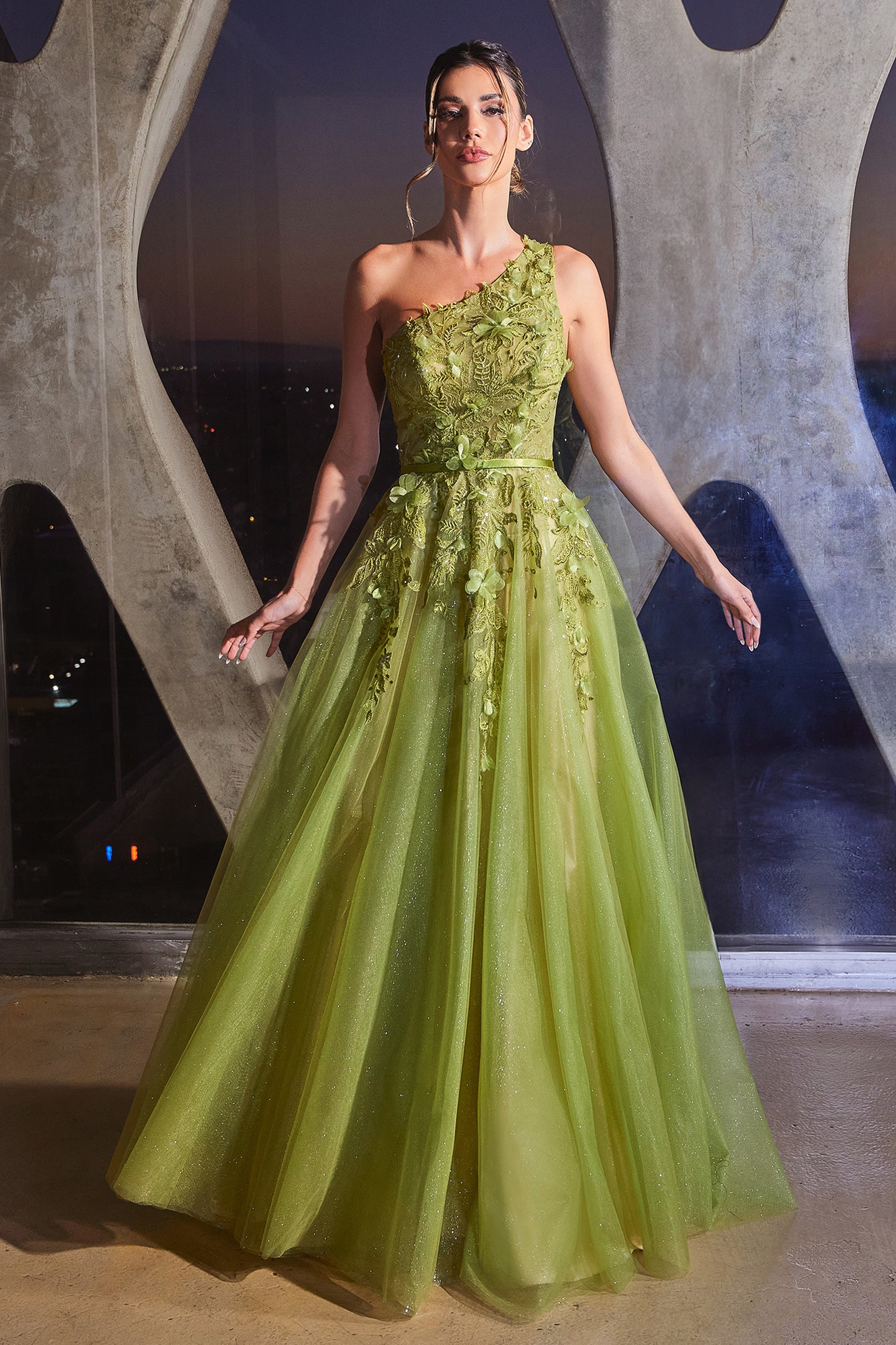 Elegance One-Shoulder Floral Appliques Layered Tulle Ball Gown #CB145