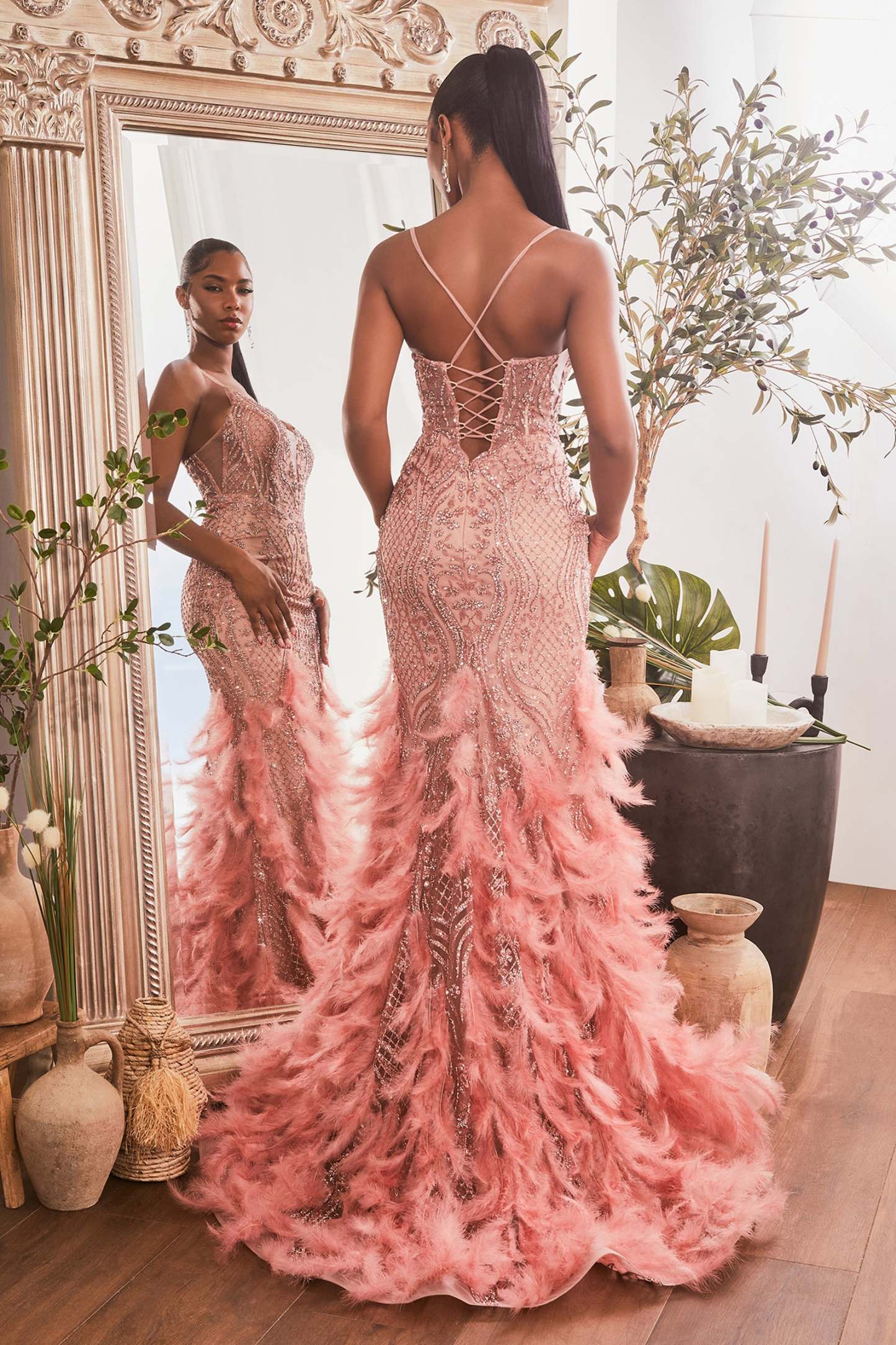 Gorgeous Straps Plunging Neckline Feather Mermaid Gown #CC1608