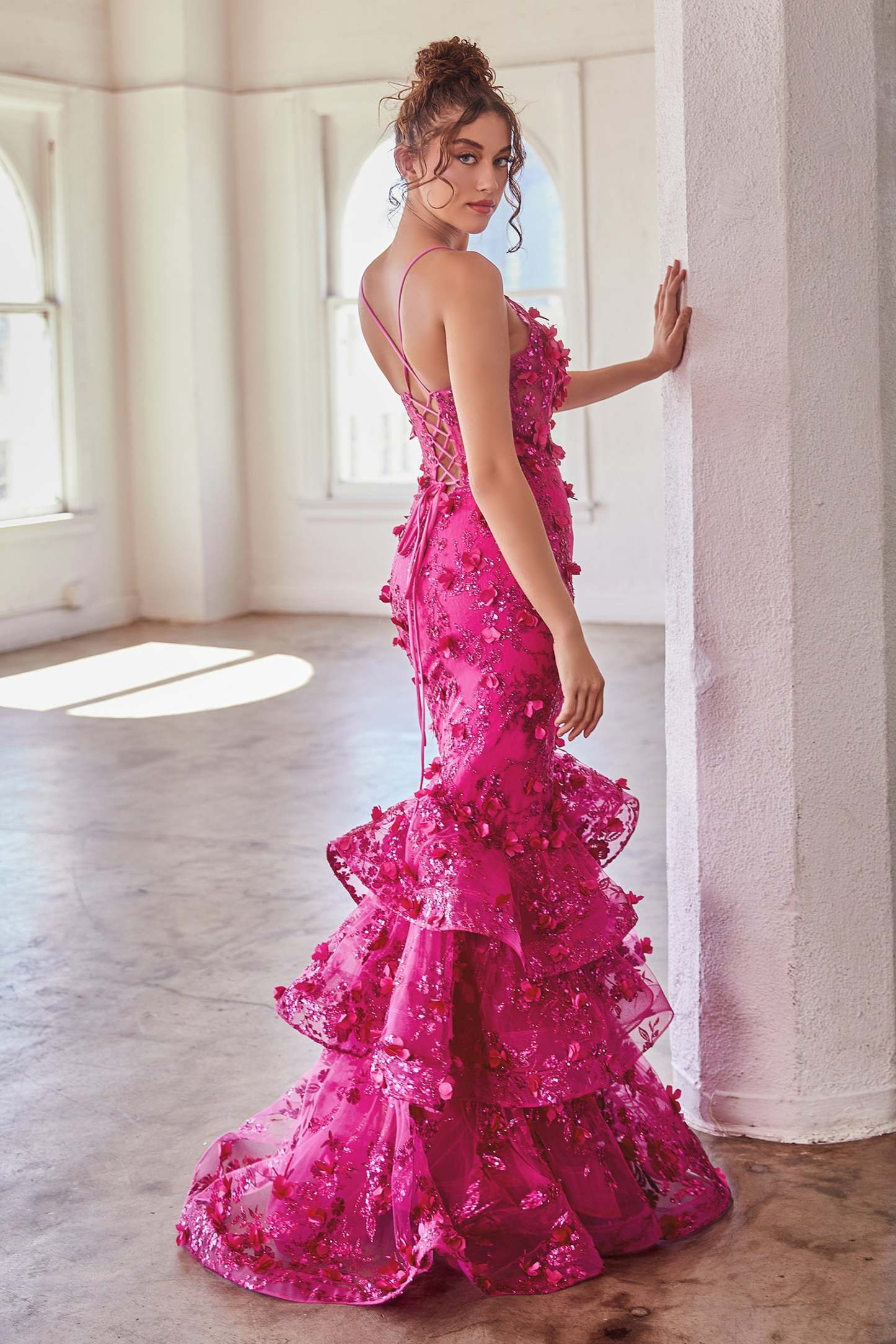 Exquisite Tiered Layered Skirt Straps Floral Mermaid Gown #CC2288