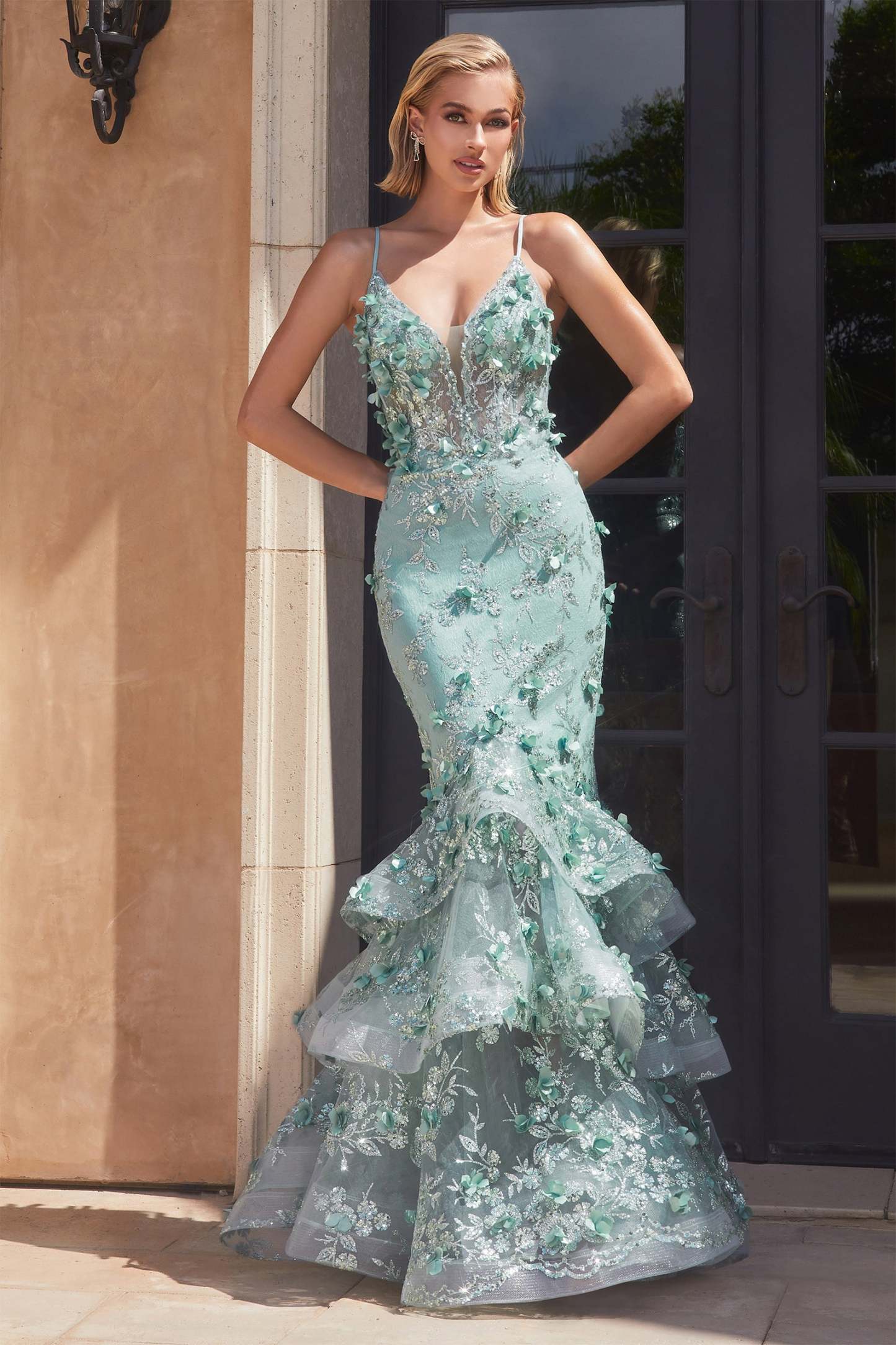 Exquisite Tiered Layered Skirt Straps Floral Mermaid Gown #CC2288