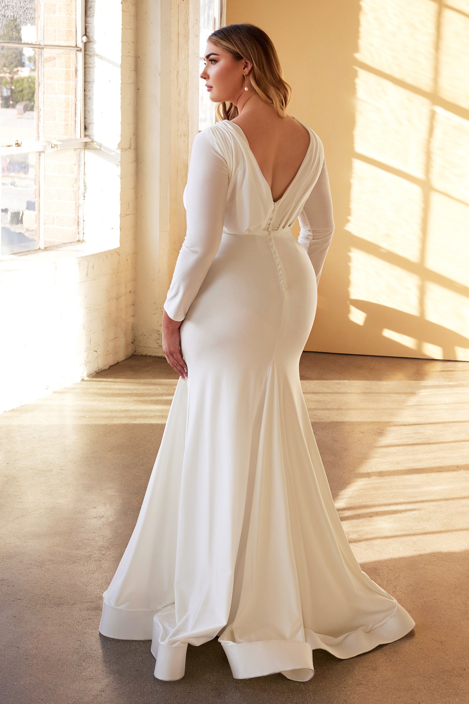 Elegant Plus Size Stretch Long Sleeve Mermaid Wedding Gown #CD0169C