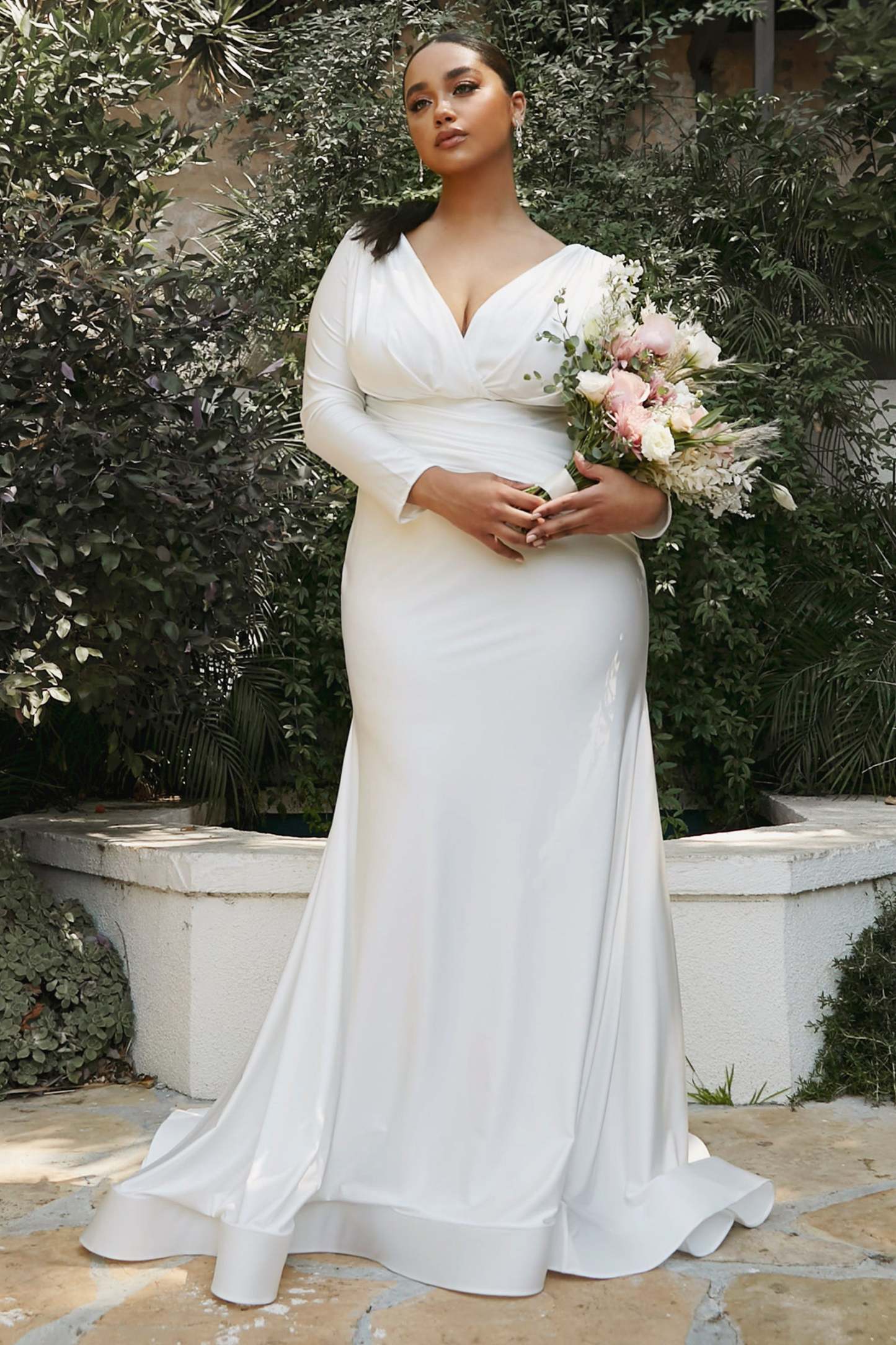 Elegant Plus Size Stretch Long Sleeve Mermaid Wedding Gown #CD0169C