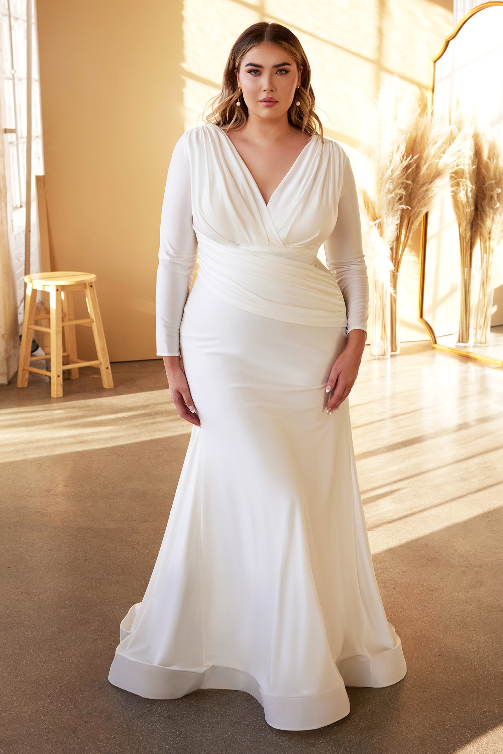 Elegant Plus Size Stretch Long Sleeve Mermaid Wedding Gown #CD0169C