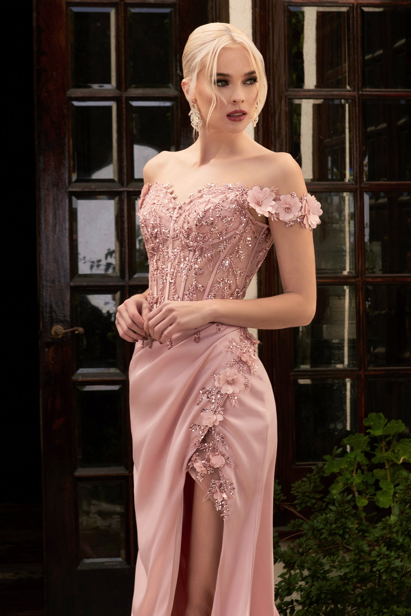 Gorgeous Fitted Off The Shoulder Floral Appliques Evening Gown #CD0186