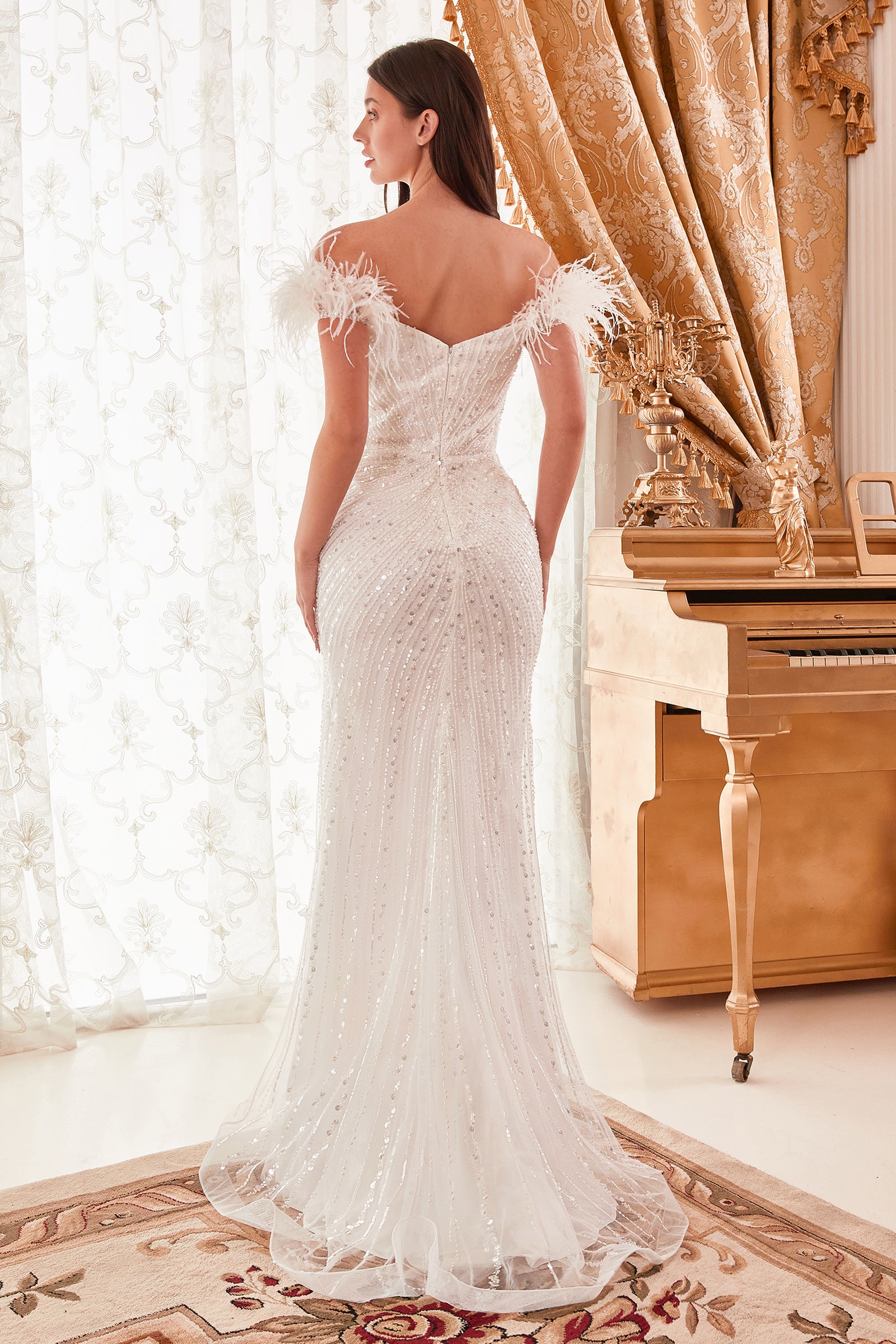 Off-White Sequin & Feather Straps Off The Shoulder Bridal Gown #CD0207W