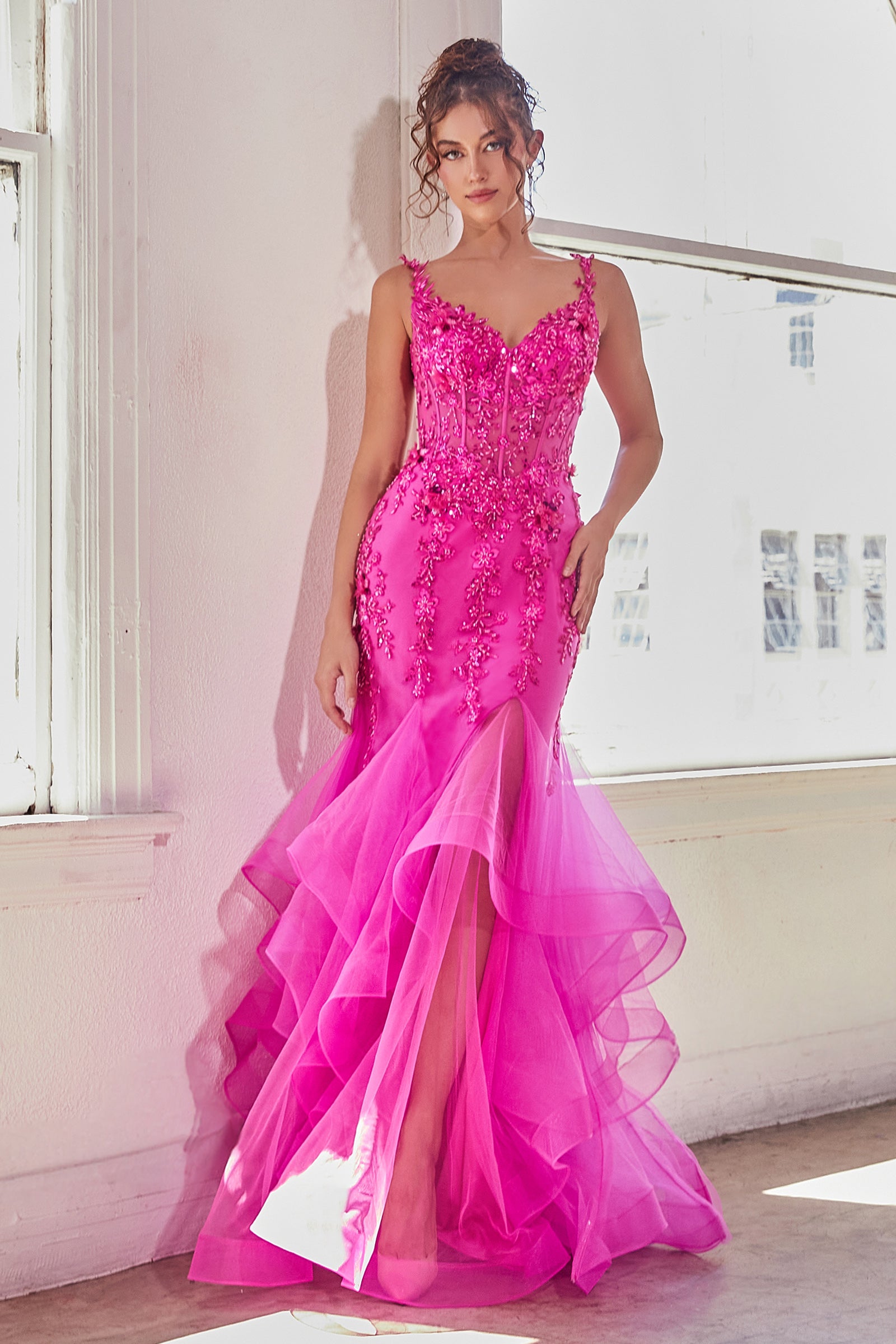 Mermaid Full-Layered Trumpet Strapless Lace Applique Straps Gown #CD331