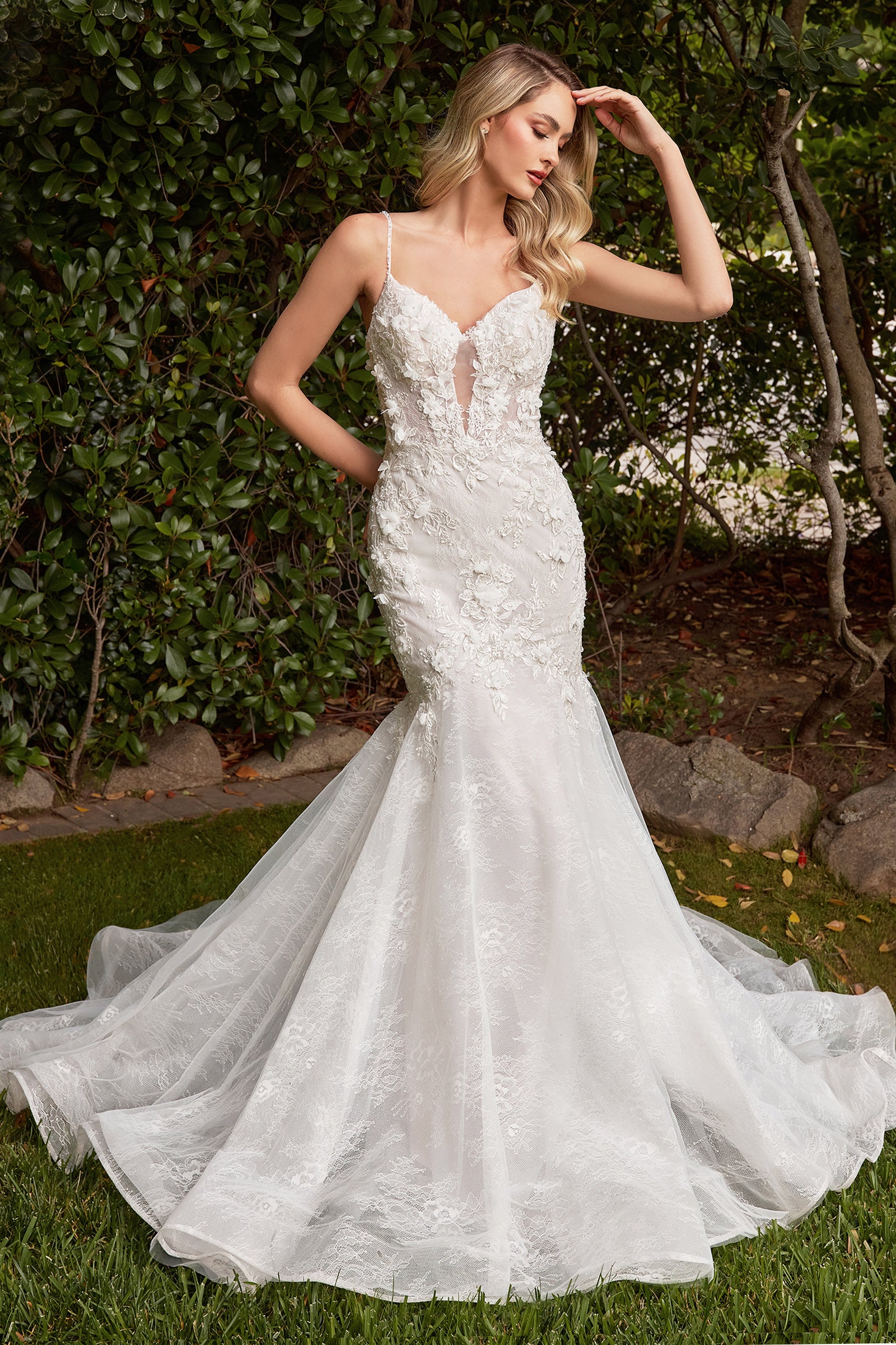 Stunning Deep Plunging Layered Lace Mermaid Wedding Dress #CD856W