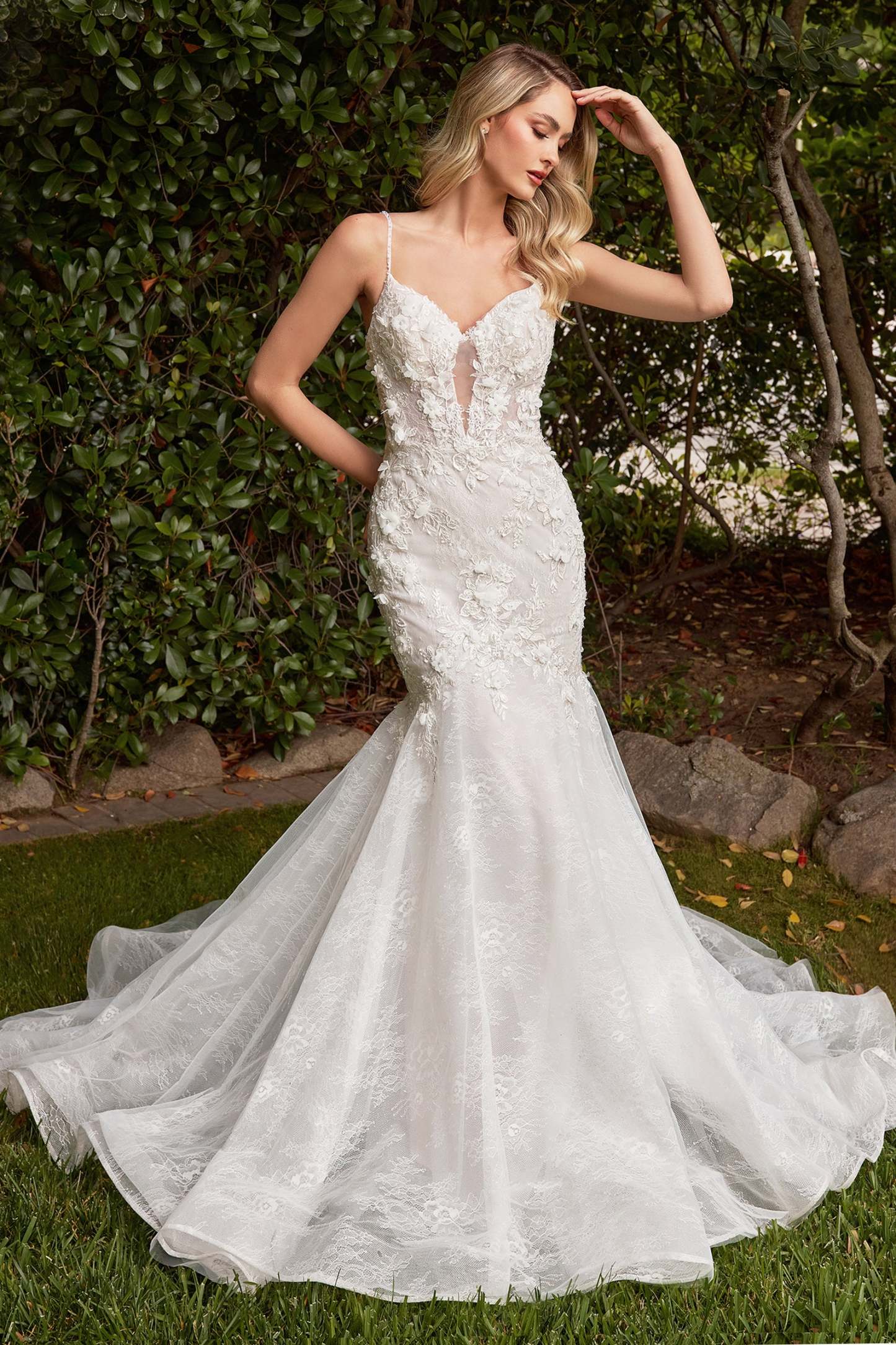Stunning Deep Plunging Layered Lace Mermaid Wedding Dress #CD856W