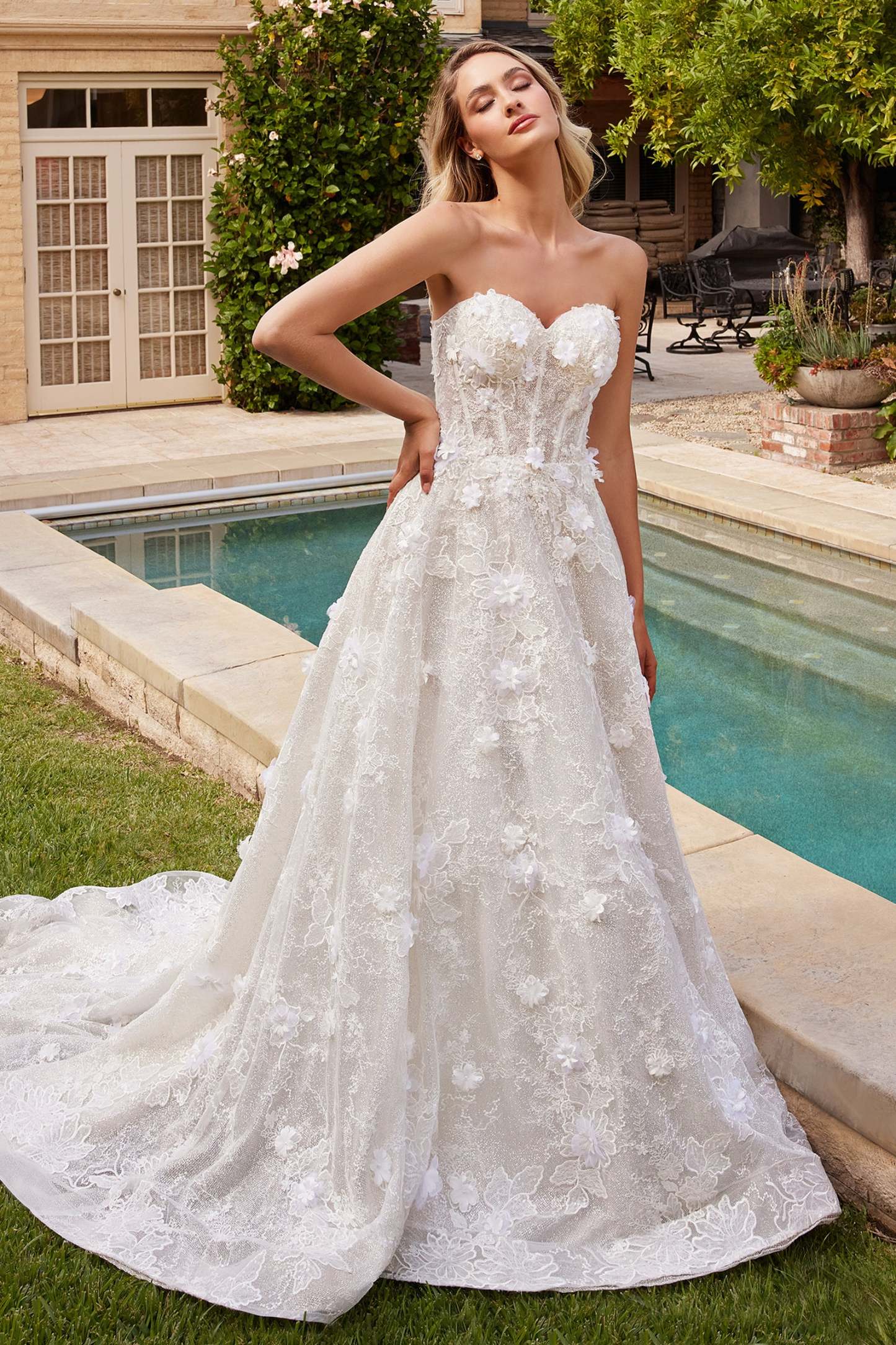 A-Line Strapless Sweetheart Floral Applique Wedding Dress #CD860W