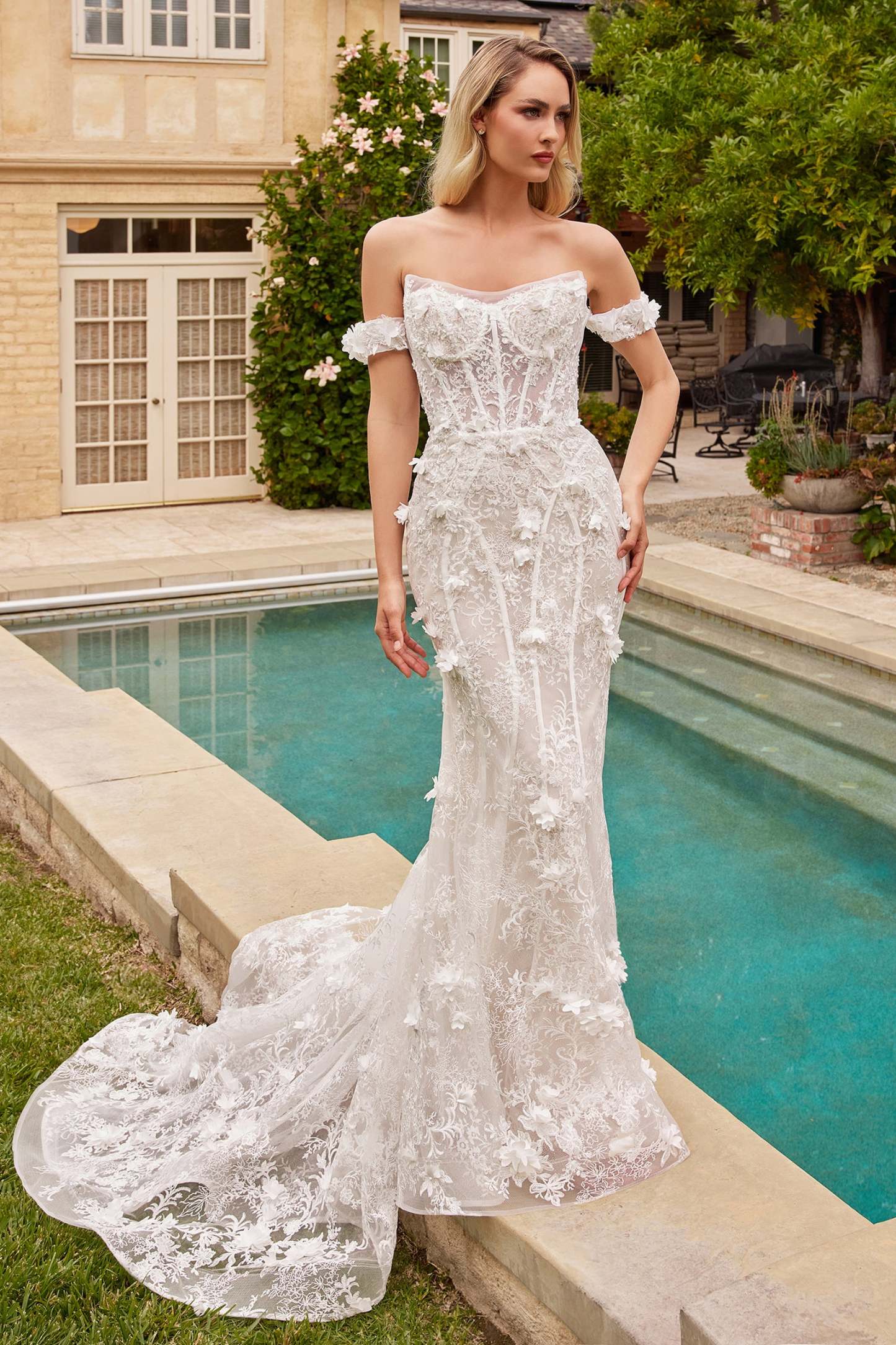 Romantic Fit & Flare Strapless Floral Appliques Wedding Dress #CD861W