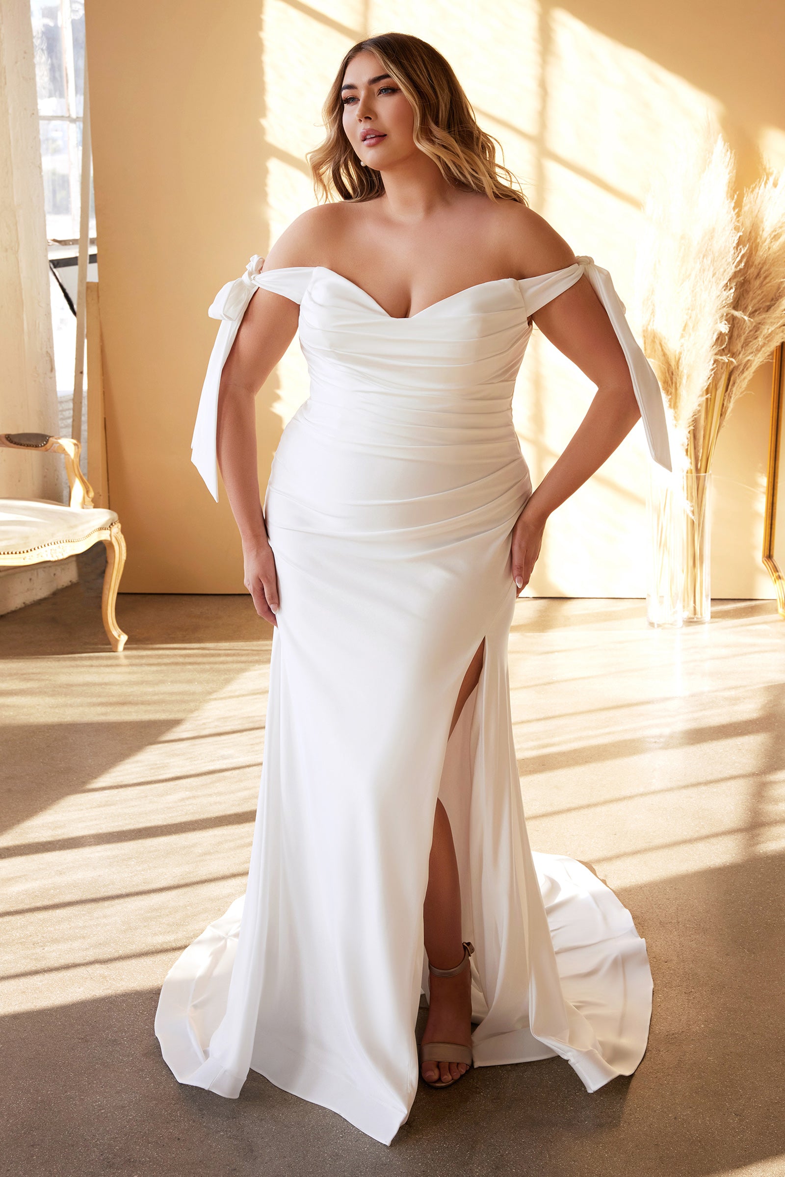 Plus Size Tie Sleeve Pleated Mermaid Luxe Jersey Gown #CD944WC