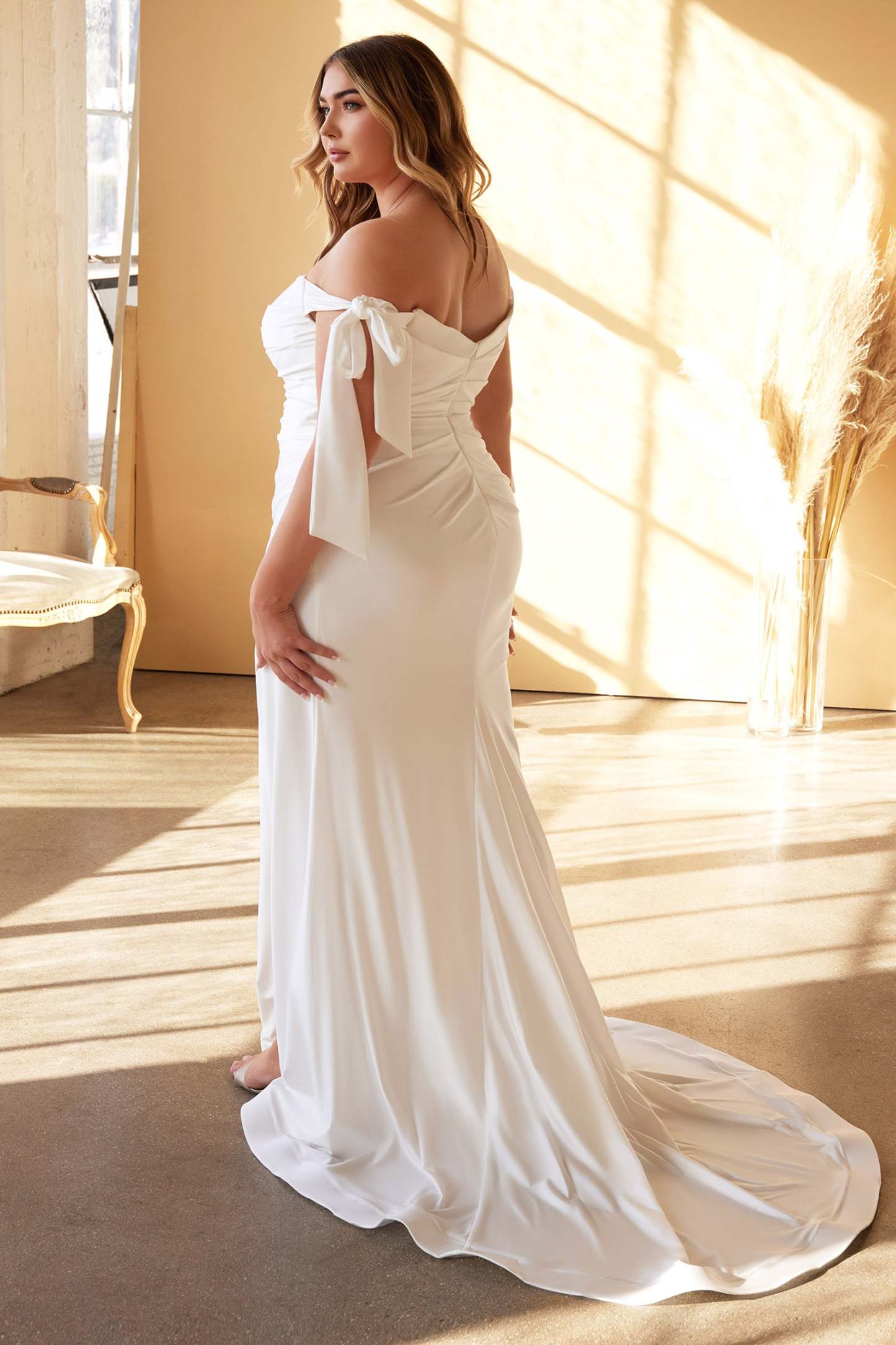 Plus Size Tie Sleeve Pleated Mermaid Luxe Jersey Gown #CD944WC