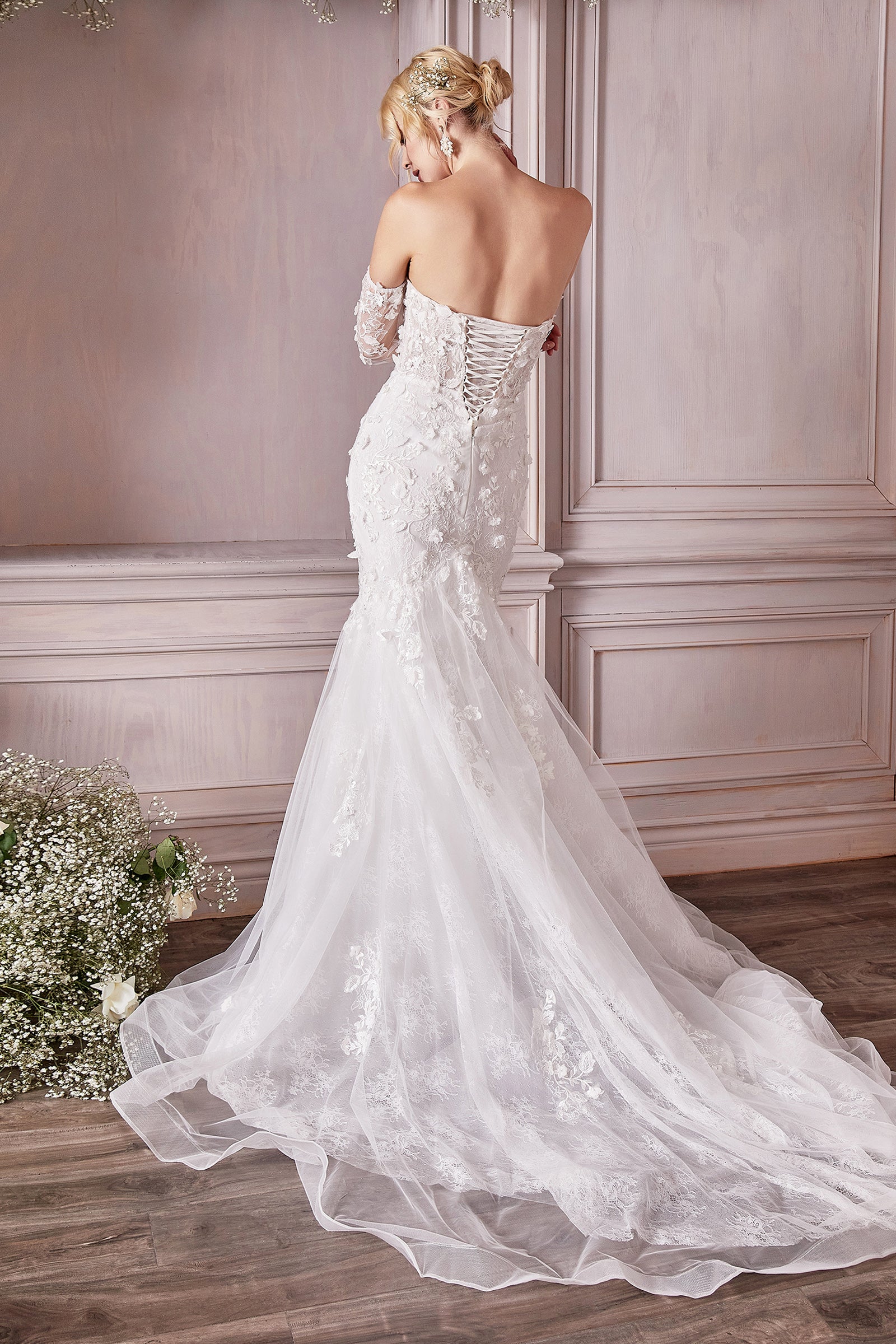 Breathtaking Strapless Plunging V-Neck Long Sleeve Lace Bridal Gown #CD977W