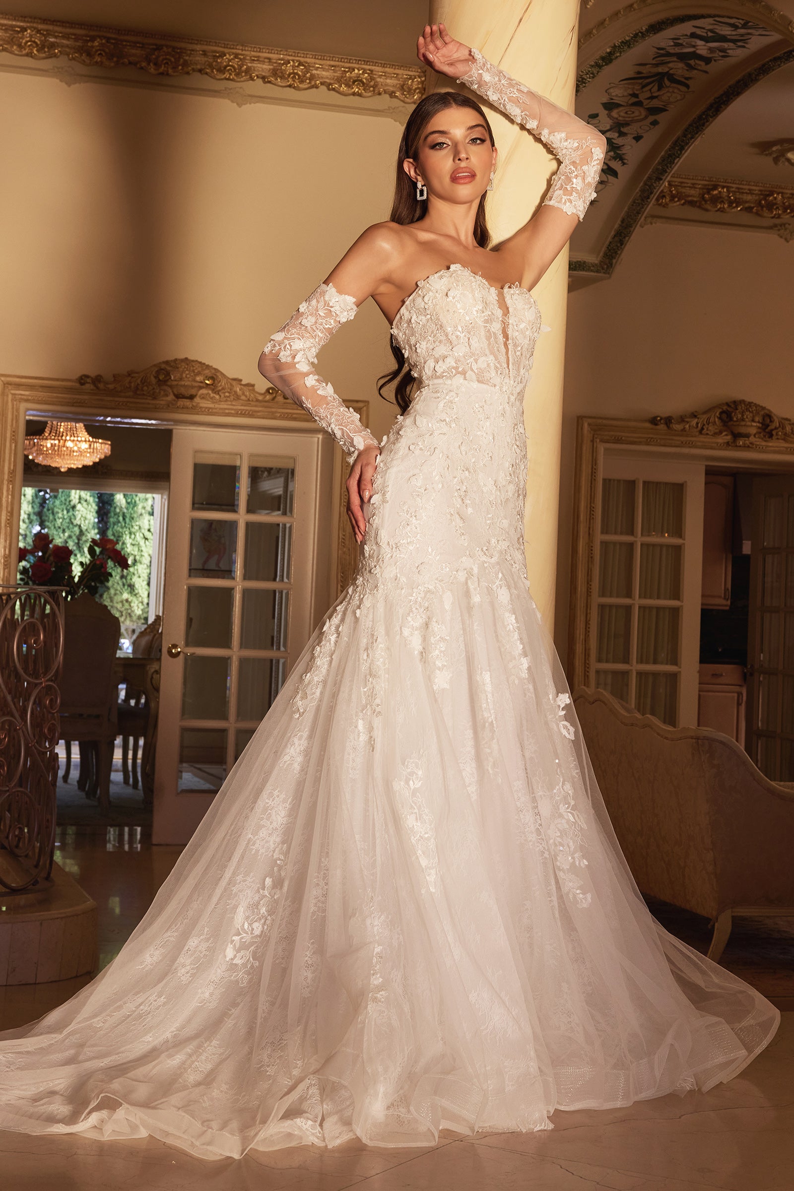 Breathtaking Strapless Plunging V-Neck Long Sleeve Lace Bridal Gown #CD977W