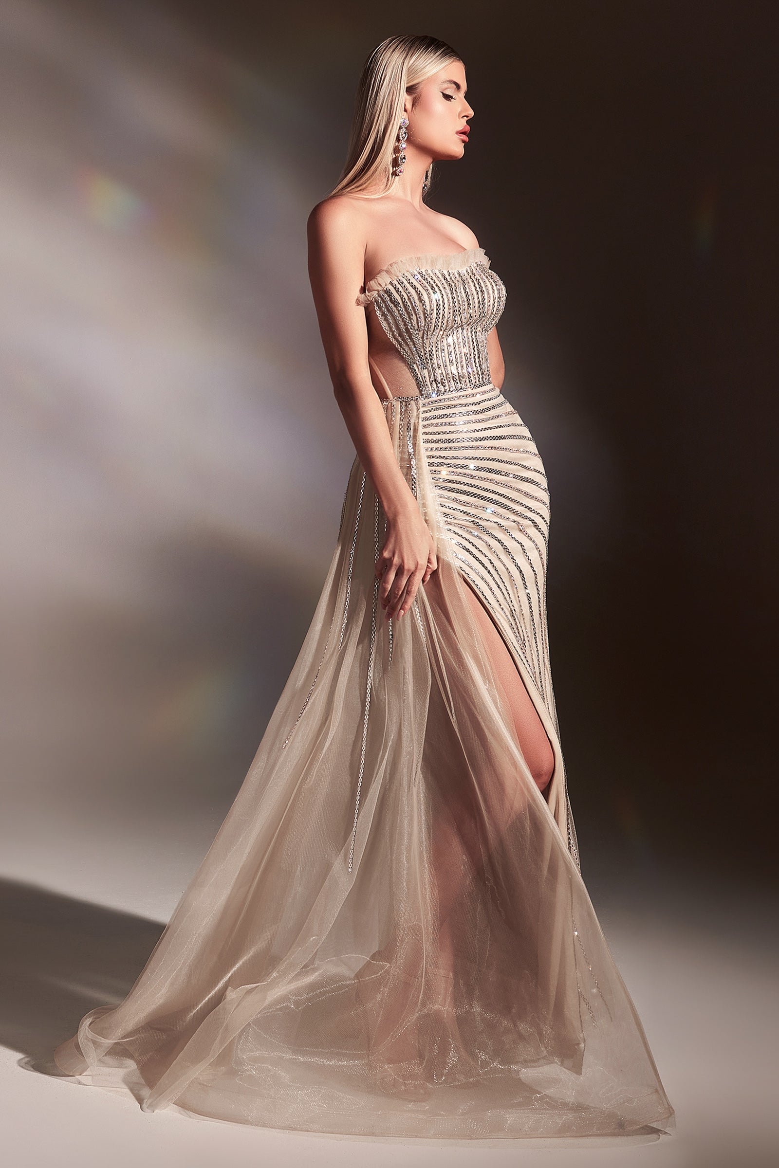 Fitted Strapless Beading Nude Gown With Right Side Overskirt Rhinestone #CD991