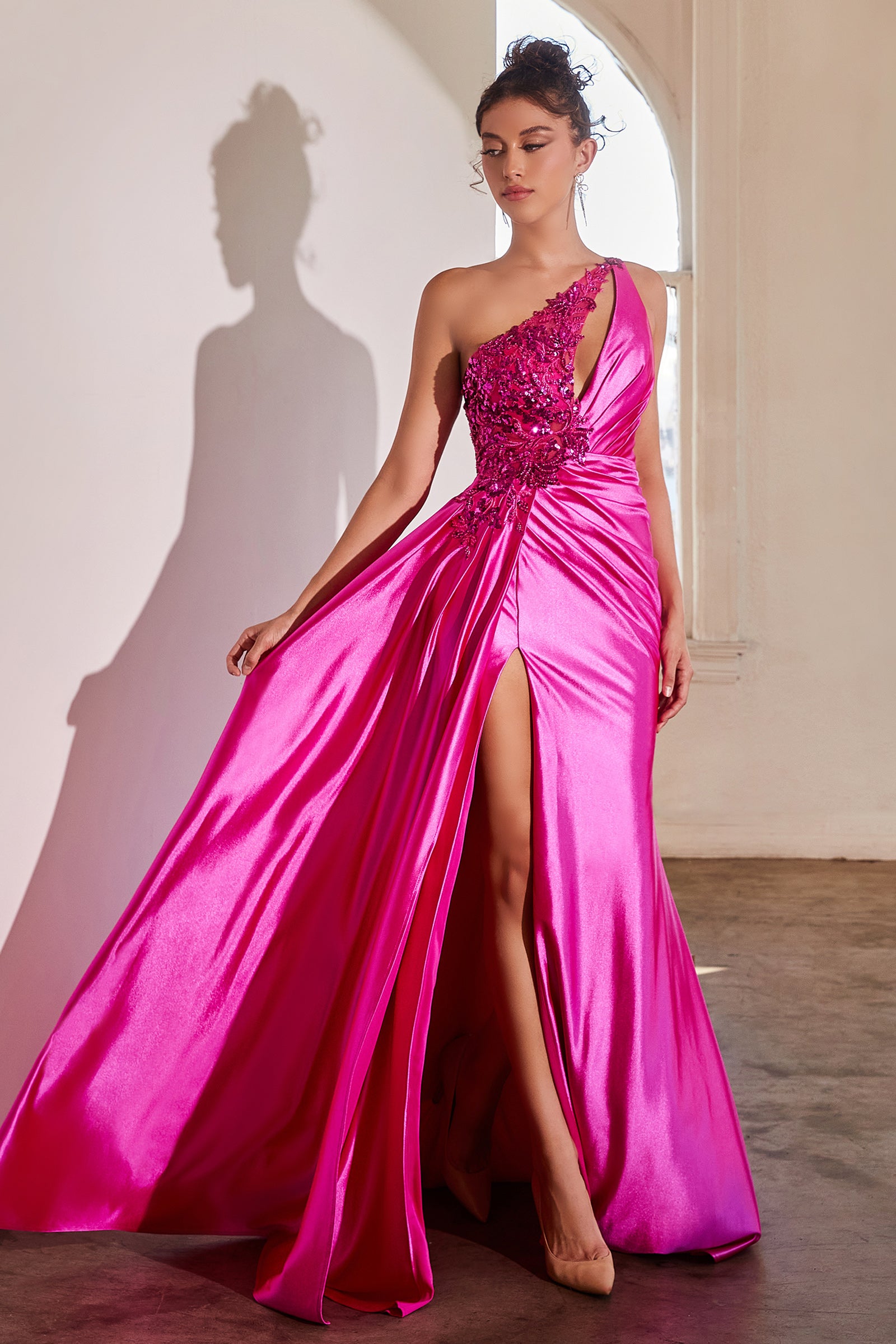 Stylish Fitted One-Shoulder Keyhole Neckline Satin Gown #CDS454