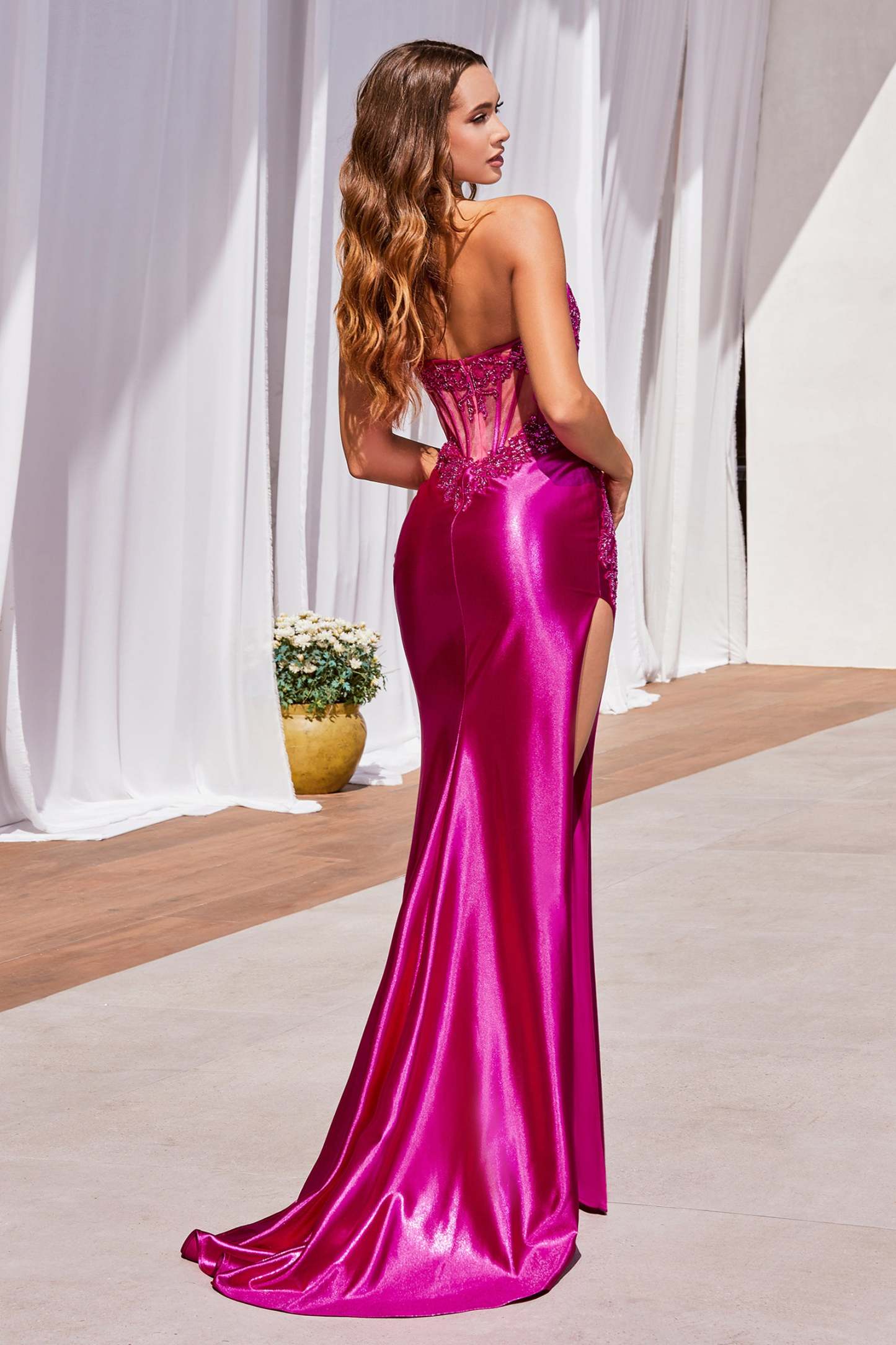 Fitted Scoop Side Leg Slit Satin Delicate Lace Gown #CDS489