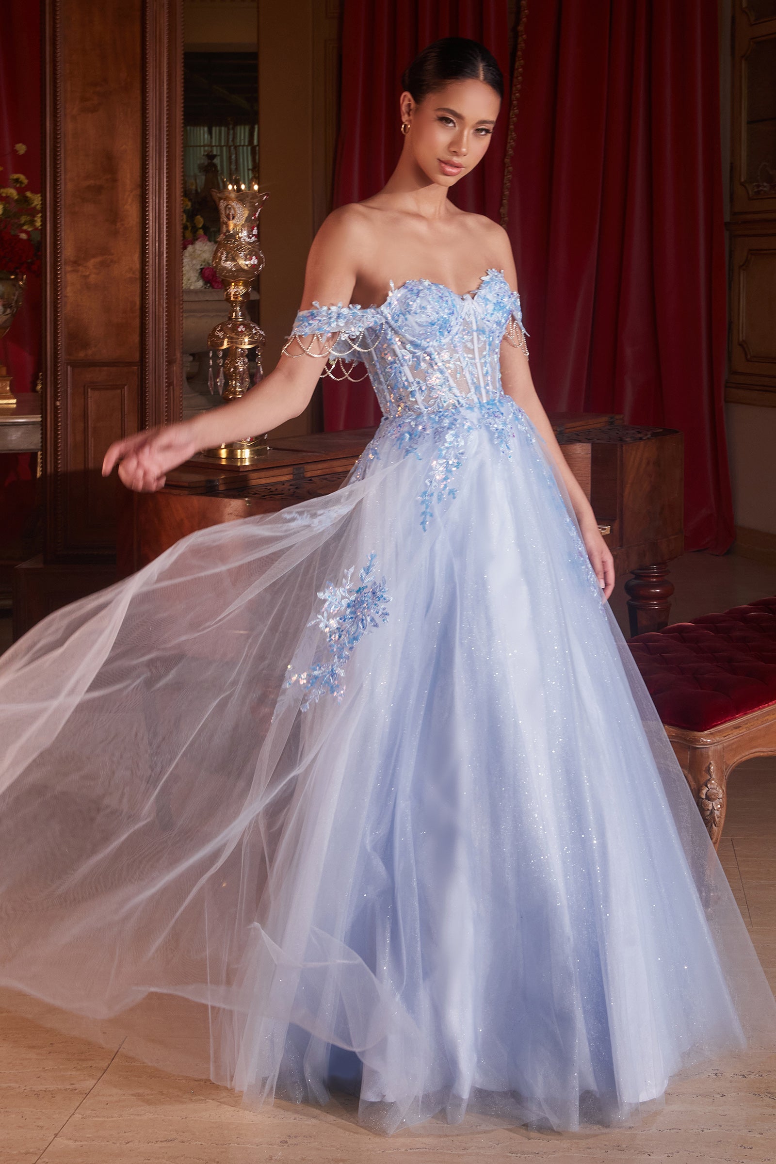 Elegance Off-The-Shoulder Lace Appliques Glitter Tulle Ball Gown #CDS490