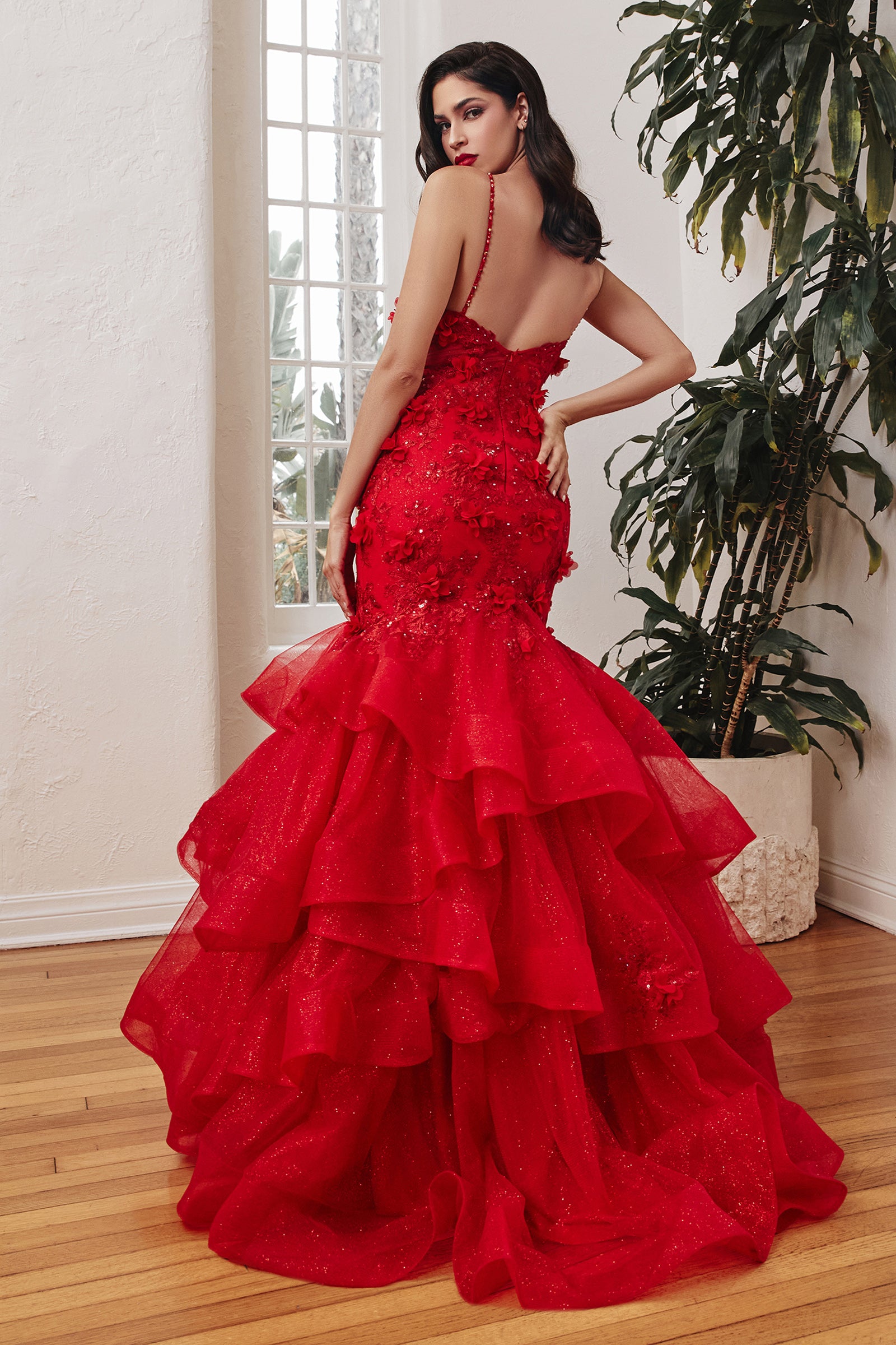 Red Mermaid Tiered Floral Gown #CM329