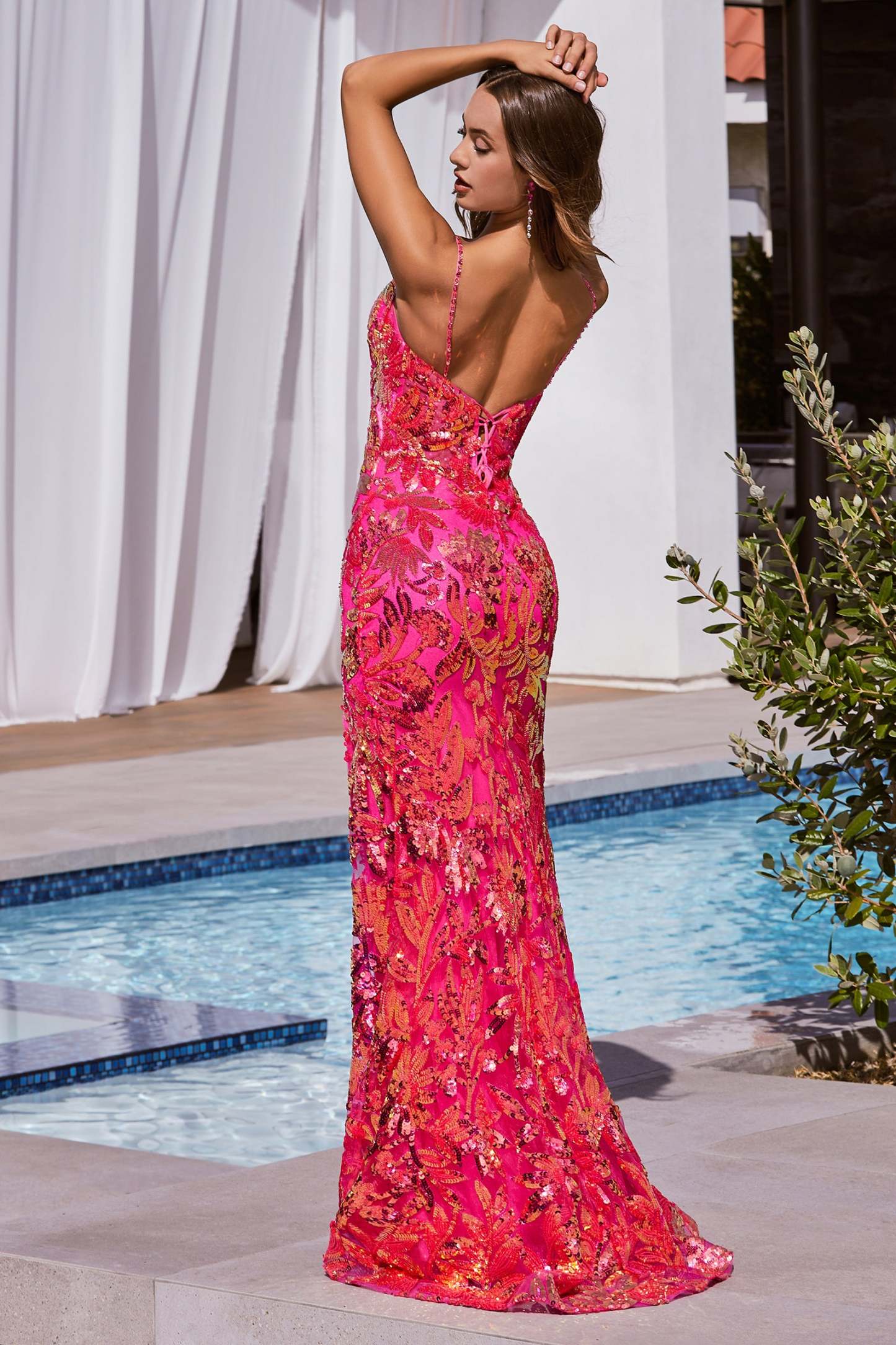 Stunning Fitted Deep V-Neckline Sequin Floral Print Gown #CM350